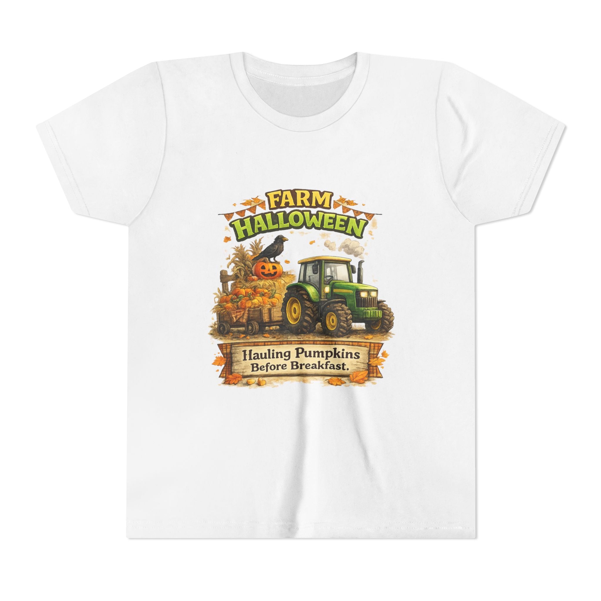 "Hauling Pumpkins Before Breakfast" Tractor Graphic — Youth Farm Halloween Tee