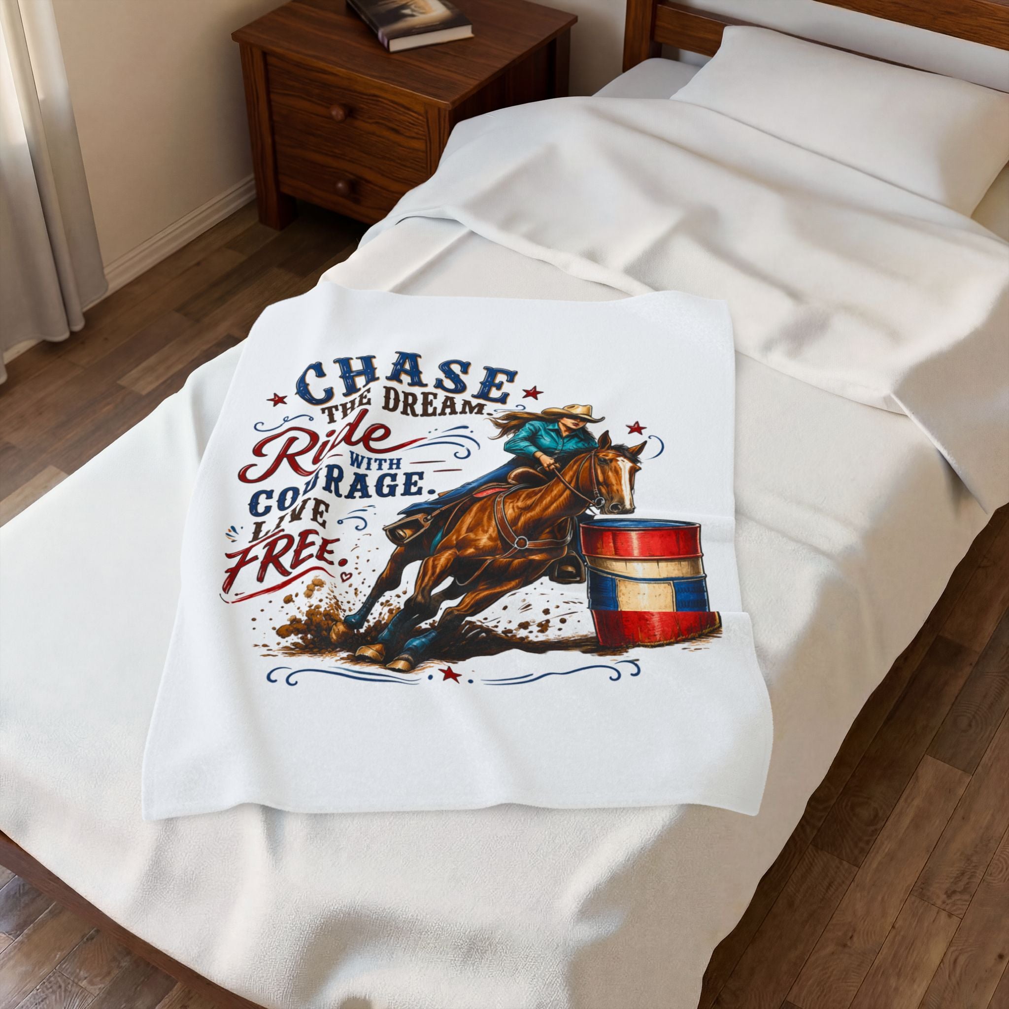 “Chase the Dream, Ride with Courage, Live Free” Barrel Racing Horse Throw — Velveteen Blanket