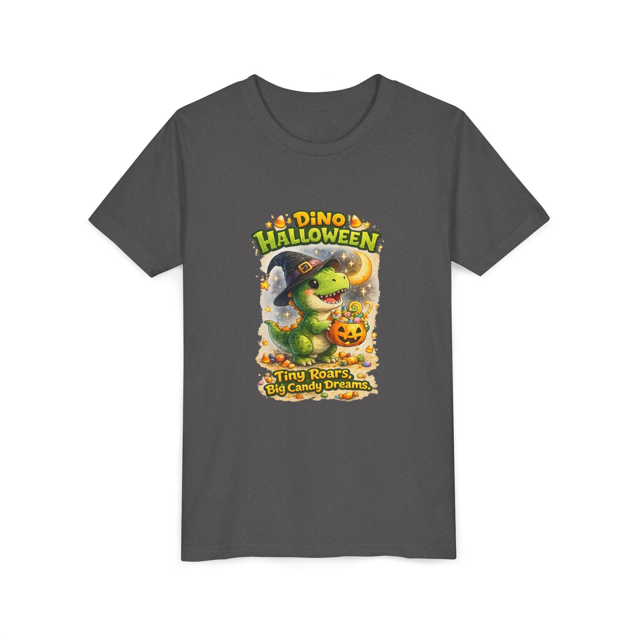 Dino Halloween "Tiny Roars, Big Candy Dreams" Cute Trick-or-Treat T-Shirt - Youth Tee