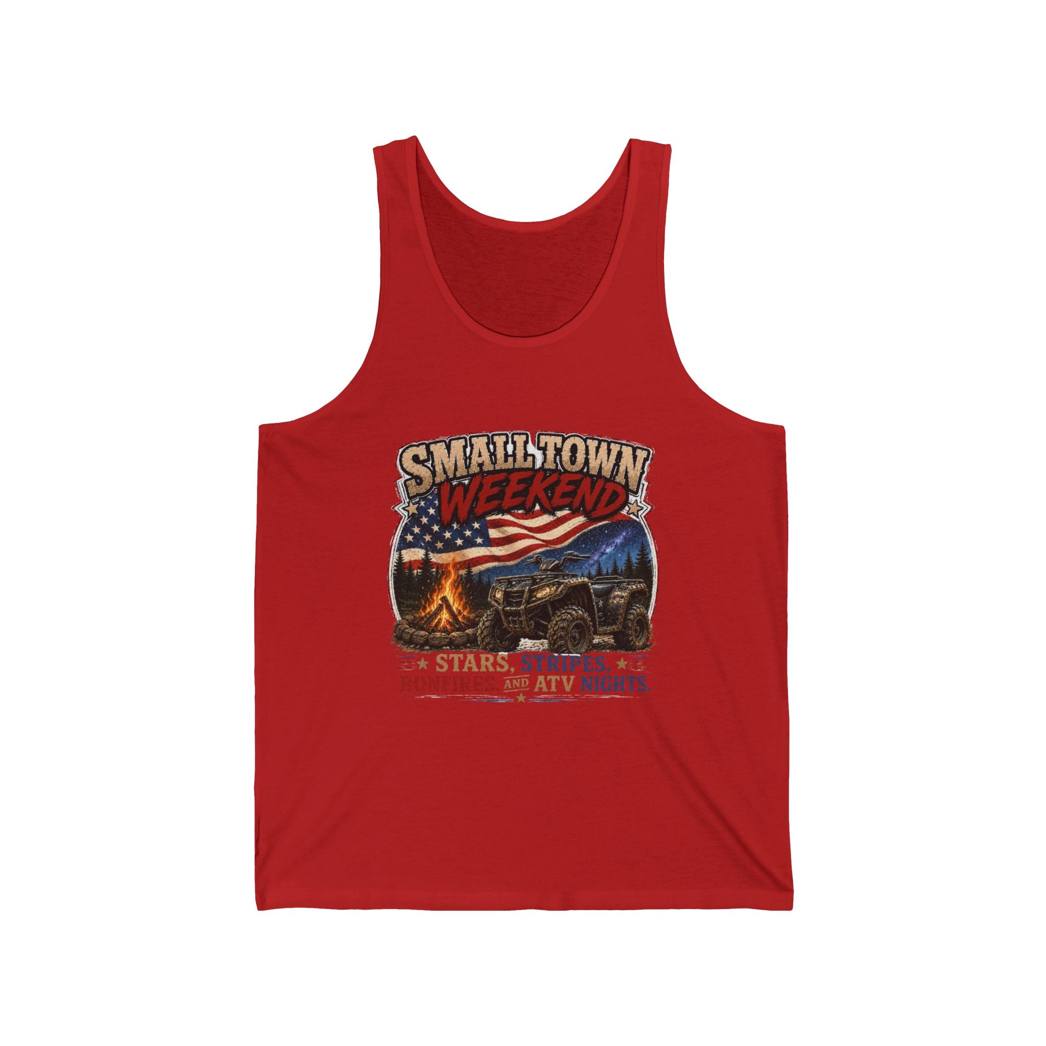 Stars, Stripes, Bonfires & ATV Nights Graphic Tank — Smalltown Weekend Tank Top