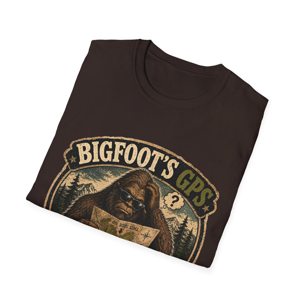 Bigfoot’s GPS T-Shirt — "Recalculating... Again" Retro Sasquatch Graphic Tee