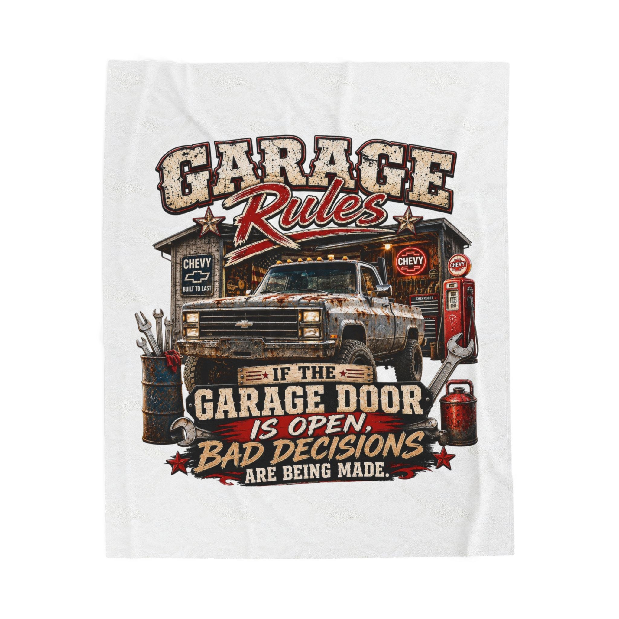 Garage Rules Velveteen Plush Blanket — "If the Garage Door Is Open, Bad Decisions Are Being Made" Cozy Mechanic Throw