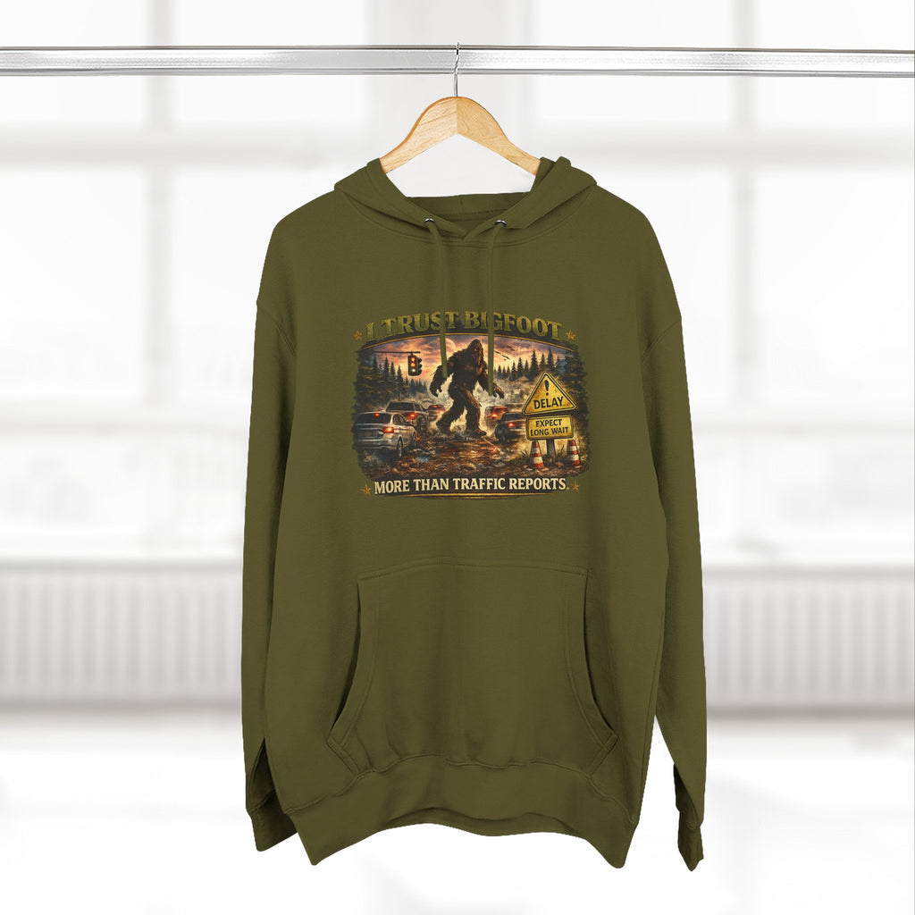 Bigfoot Forest Hoodie - "More Than Traffic Reports" Retro Sasquatch Graphic Hoodie