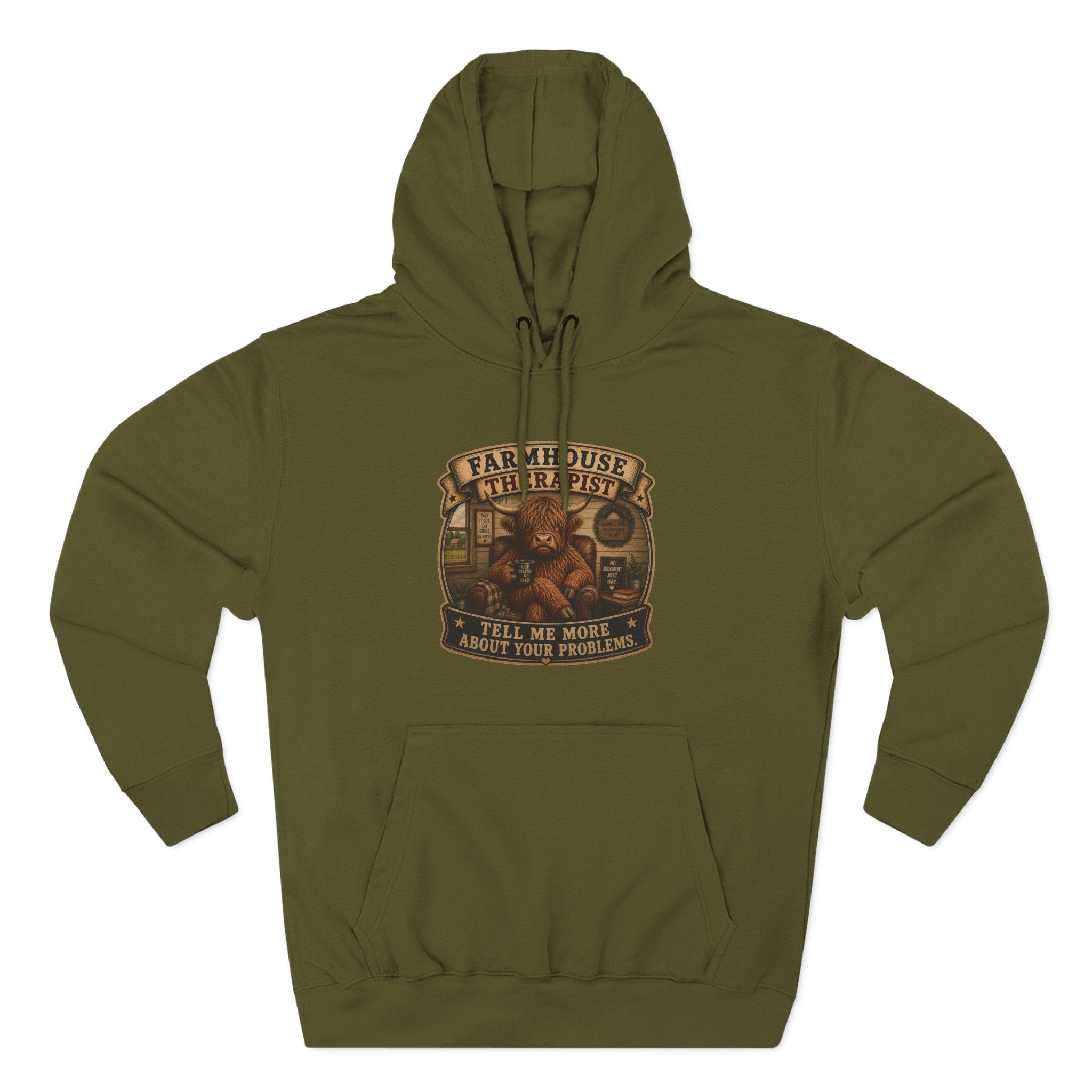 Farmhouse Therapist Highland Cow Three-Panel Fleece Hoodie