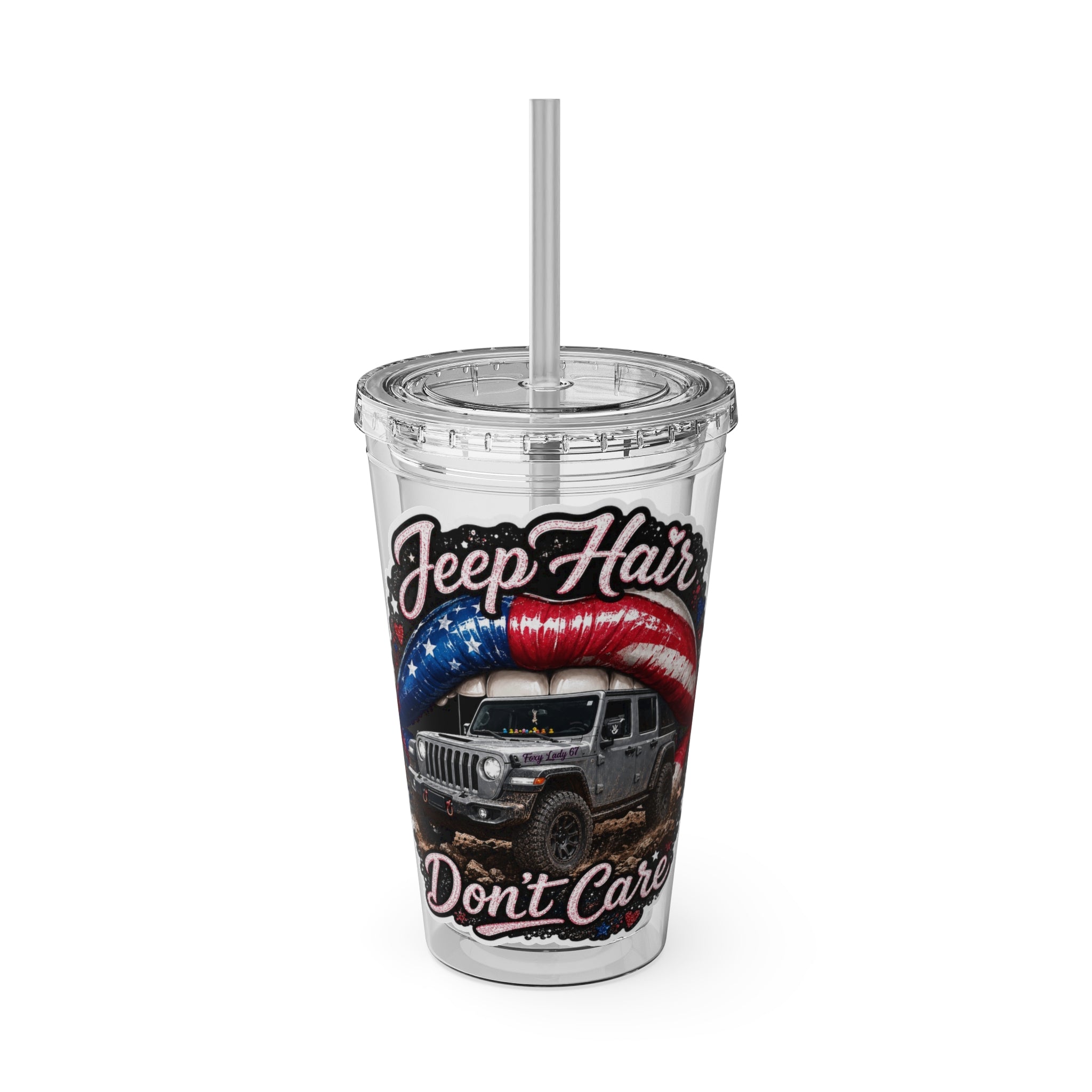Jeep Hair Don't Care 16oz Tumbler with Straw — Patriotic Off-Road Truck Design