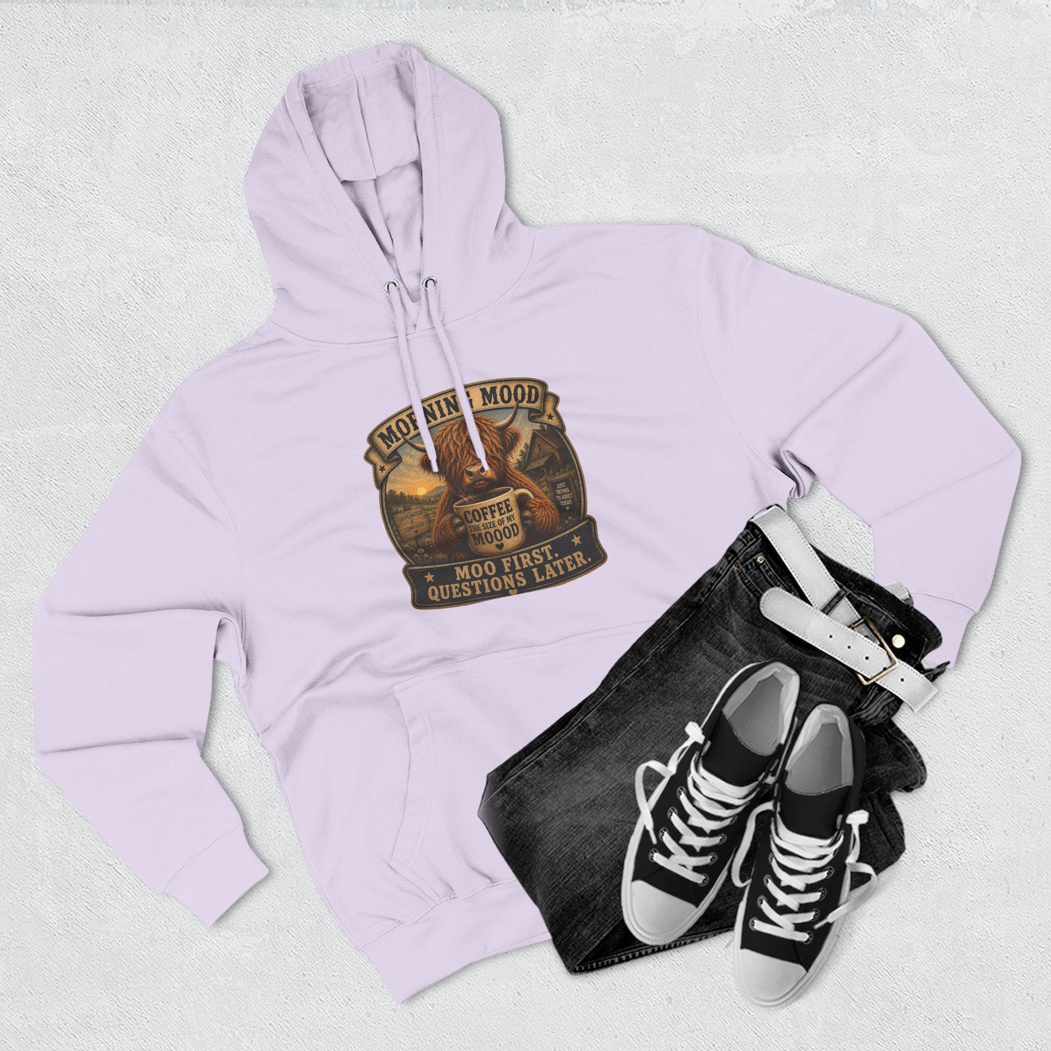 Morning Mood Moo First Questions Later Highland Cow Three-Panel Fleece Hoodie