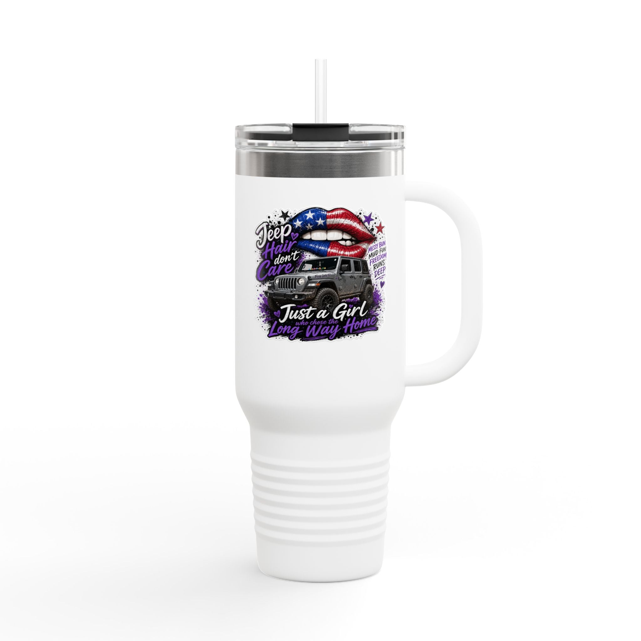 "Jeep Hair Don't Care" Patriotic Truck Design — 40oz Insulated Travel Mug