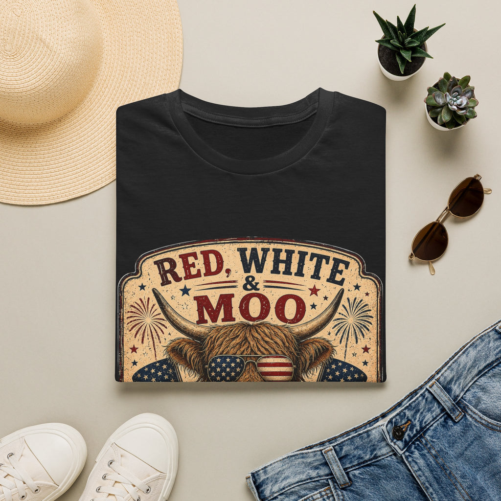 Red, White, & Moo Highland Cow Unisex Softstyle T-Shirt