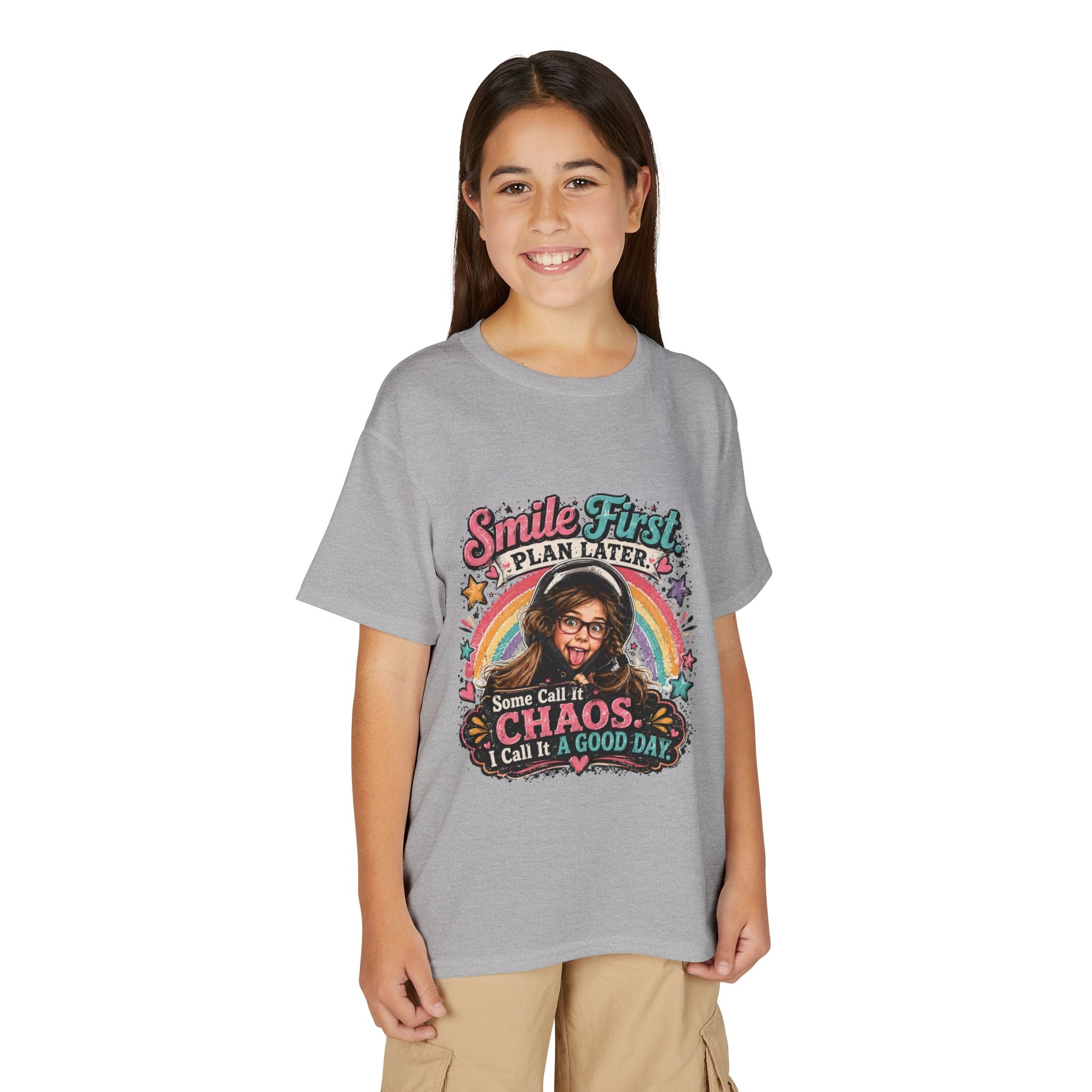 "Smile First, Plan Later" Funny Chaos Rainbow Kids Tee — Youth T-Shirt