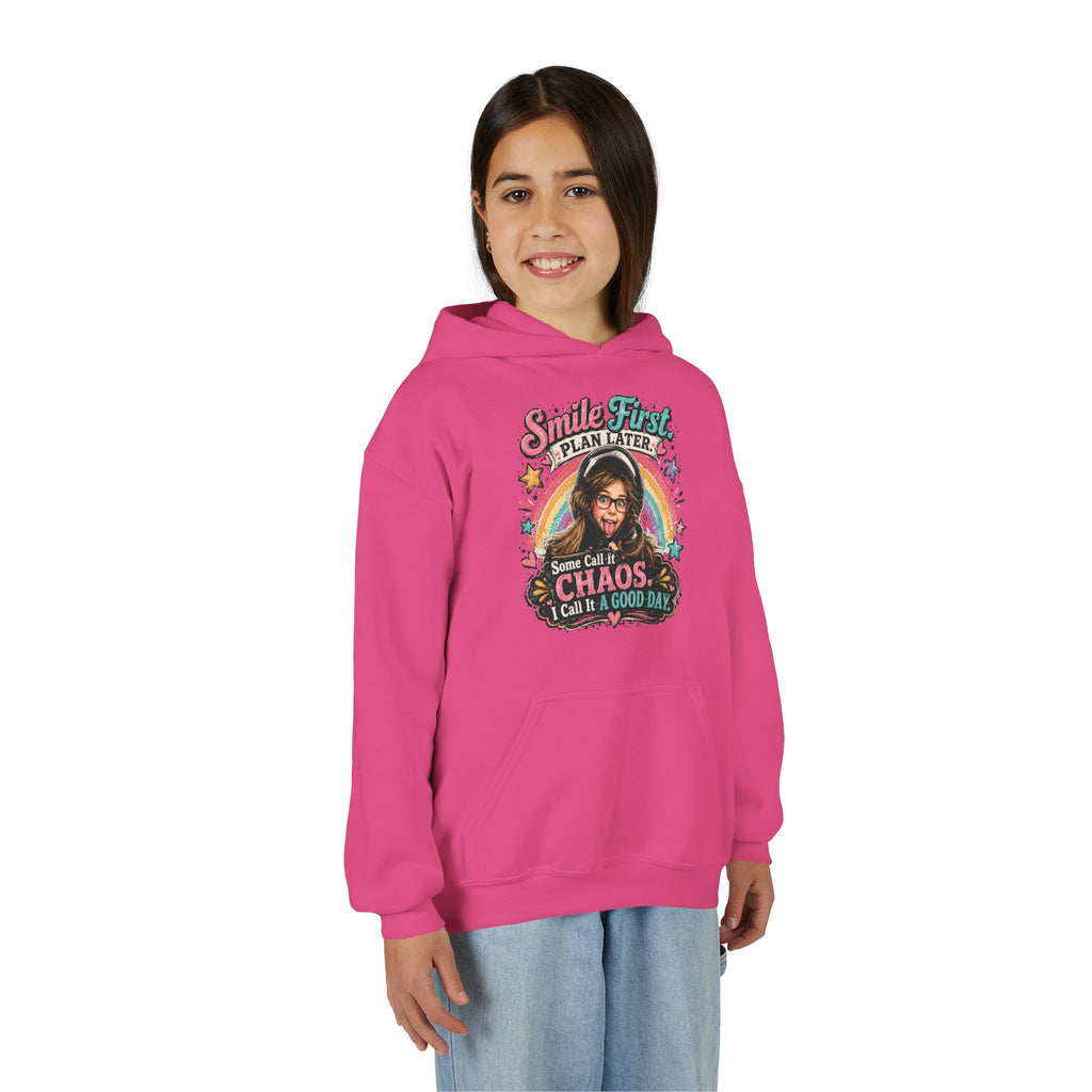 “Smile First, Plan Later” Retro Rainbow Chaos Graphic — Youth Hoodie