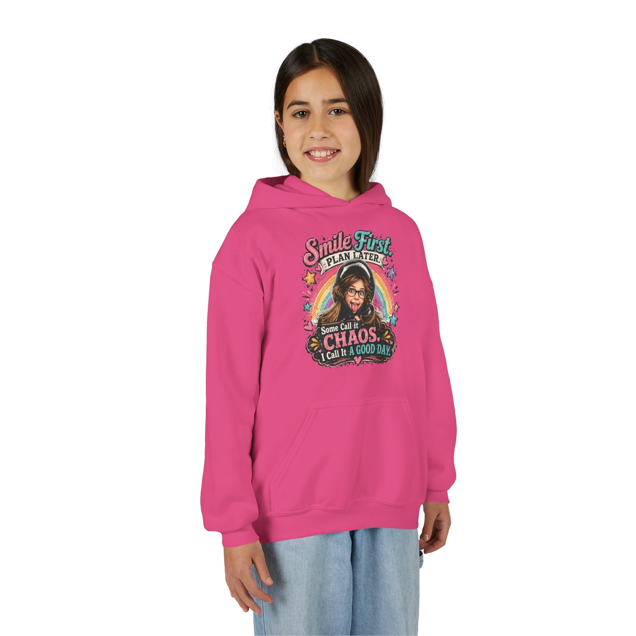 “Smile First, Plan Later” Retro Rainbow Chaos Graphic — Youth Hoodie