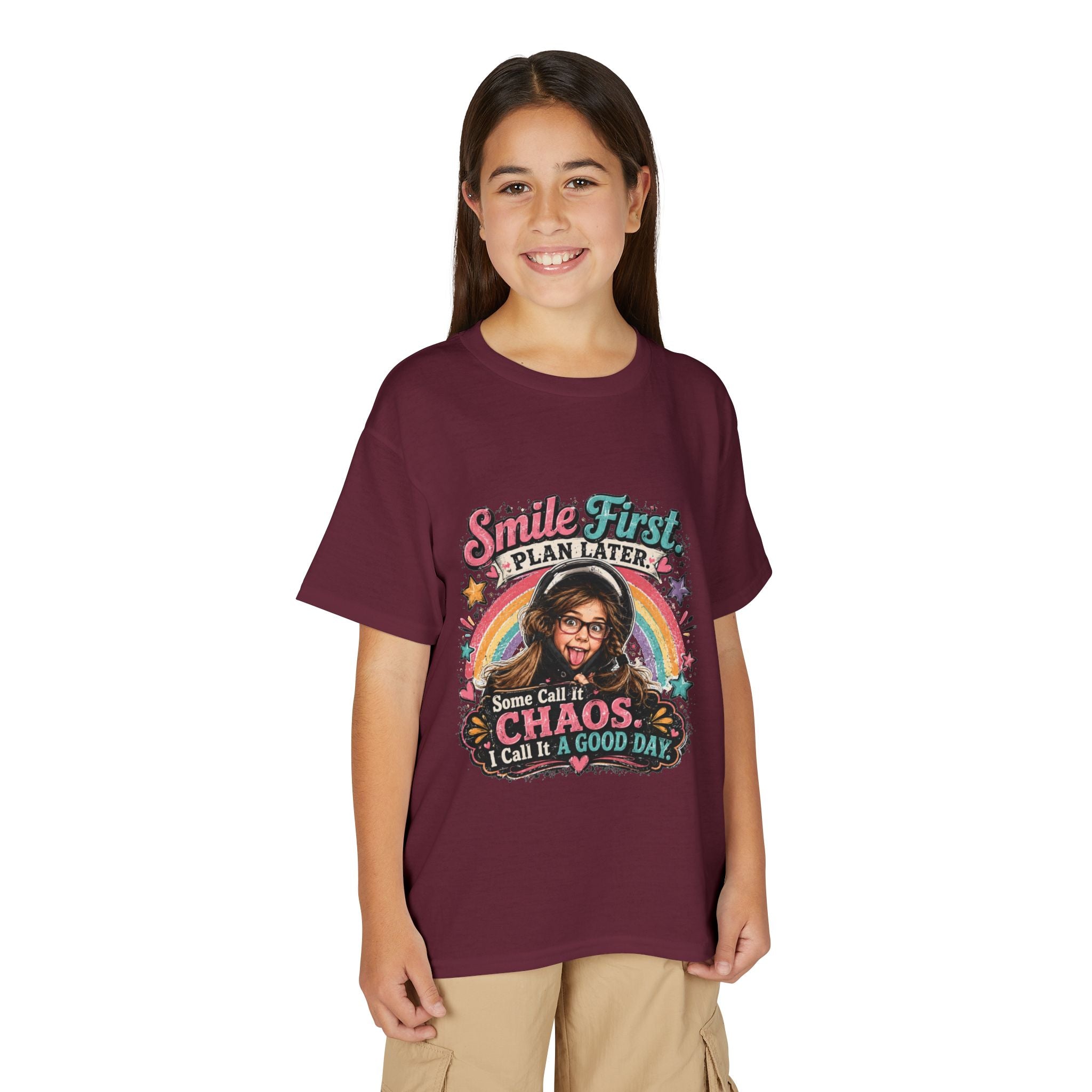 "Smile First, Plan Later" Funny Chaos Rainbow Kids Tee — Youth T-Shirt