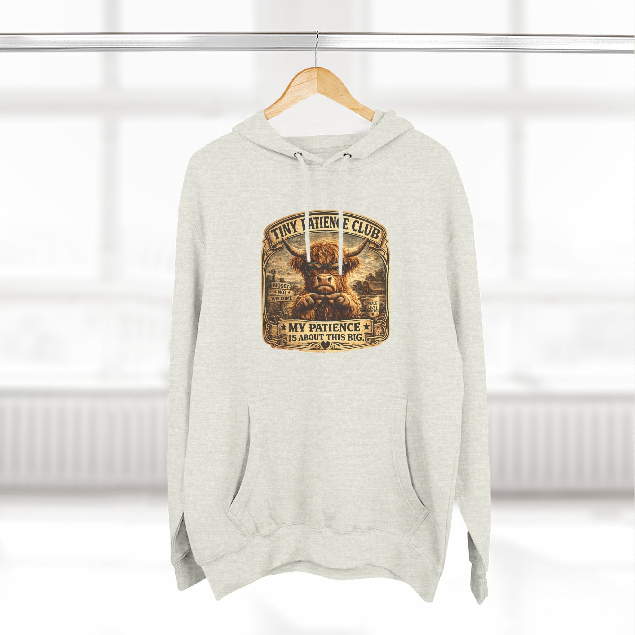 Tiny Patience Club Highland Cow Three-Panel Fleece Hoodie