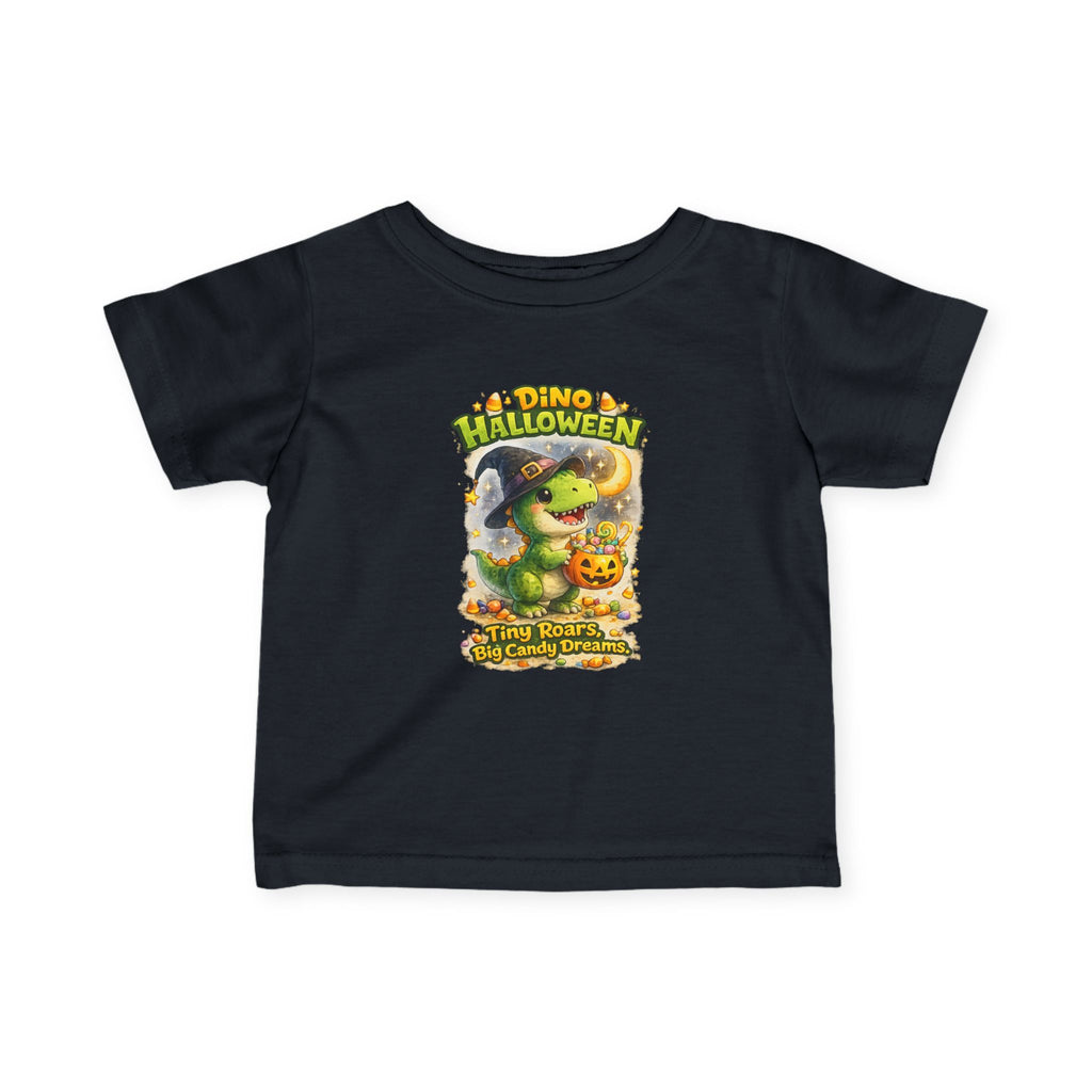 "Tiny Roars, Big Candy Dreams" Baby Shirt — Infant Halloween Dino Tee