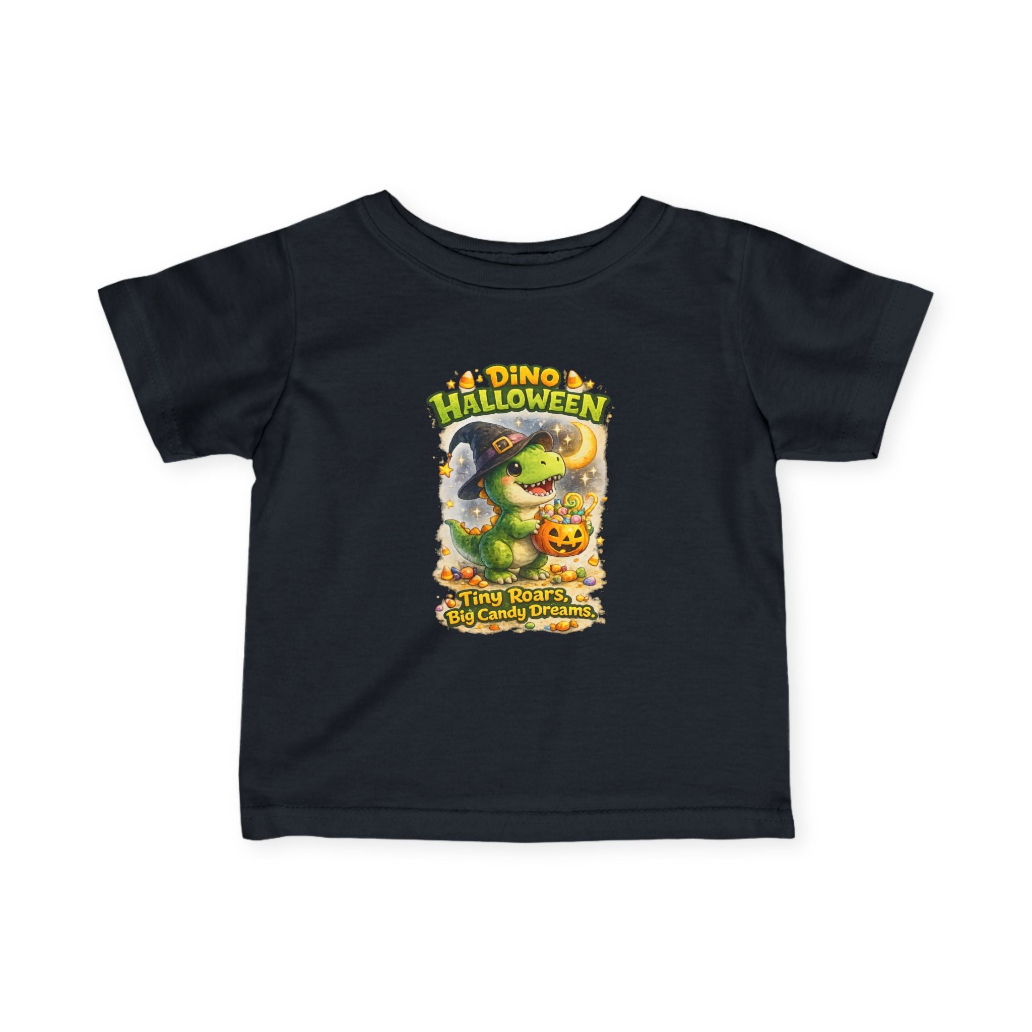 "Tiny Roars, Big Candy Dreams" Baby Shirt — Infant Halloween Dino Tee
