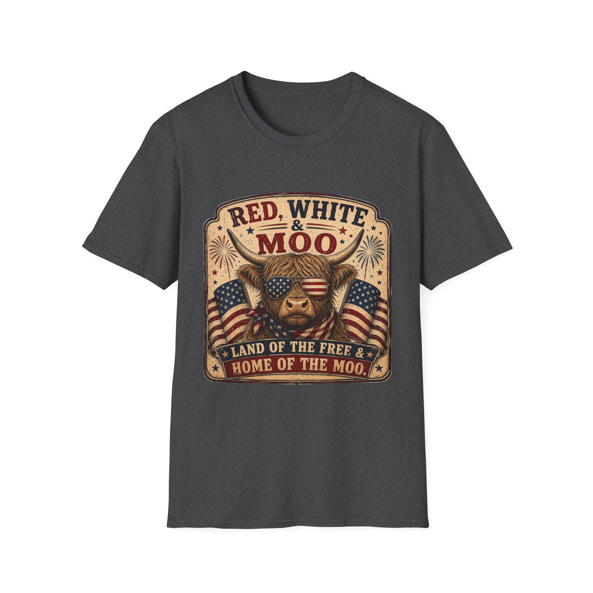 Red, White, & Moo Highland Cow Unisex Softstyle T-Shirt