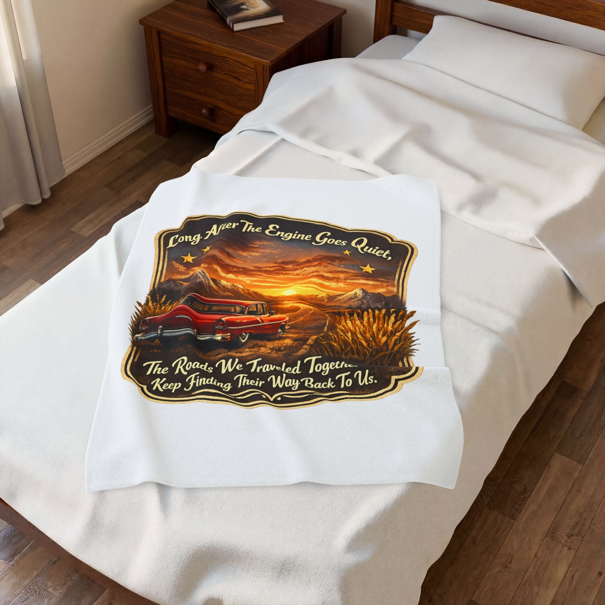 Vintage Car Sunset Throw with 'Long After The Engine Goes Quiet' Quote — Velveteen Plush Blanket