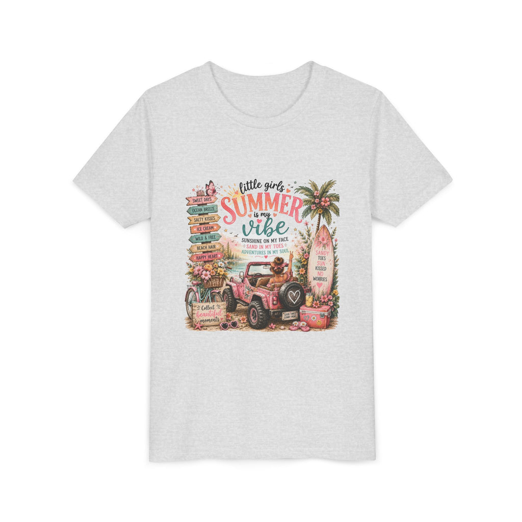 "Little Girls Summer Vibe" Tropical Jeep Surfboard Beach Graphic - Youth Tee