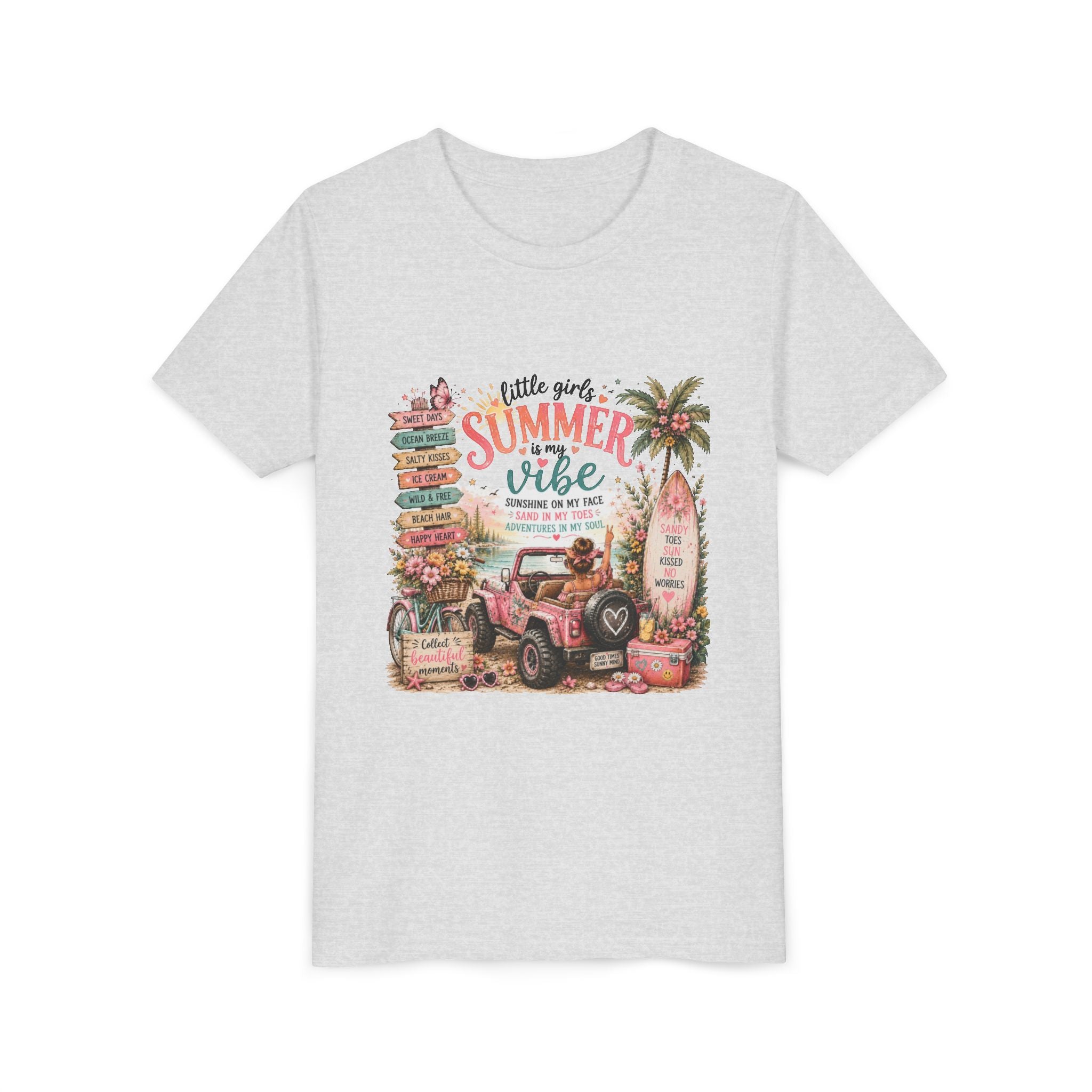 "Little Girls Summer Vibe" Tropical Jeep Surfboard Beach Graphic - Youth Tee