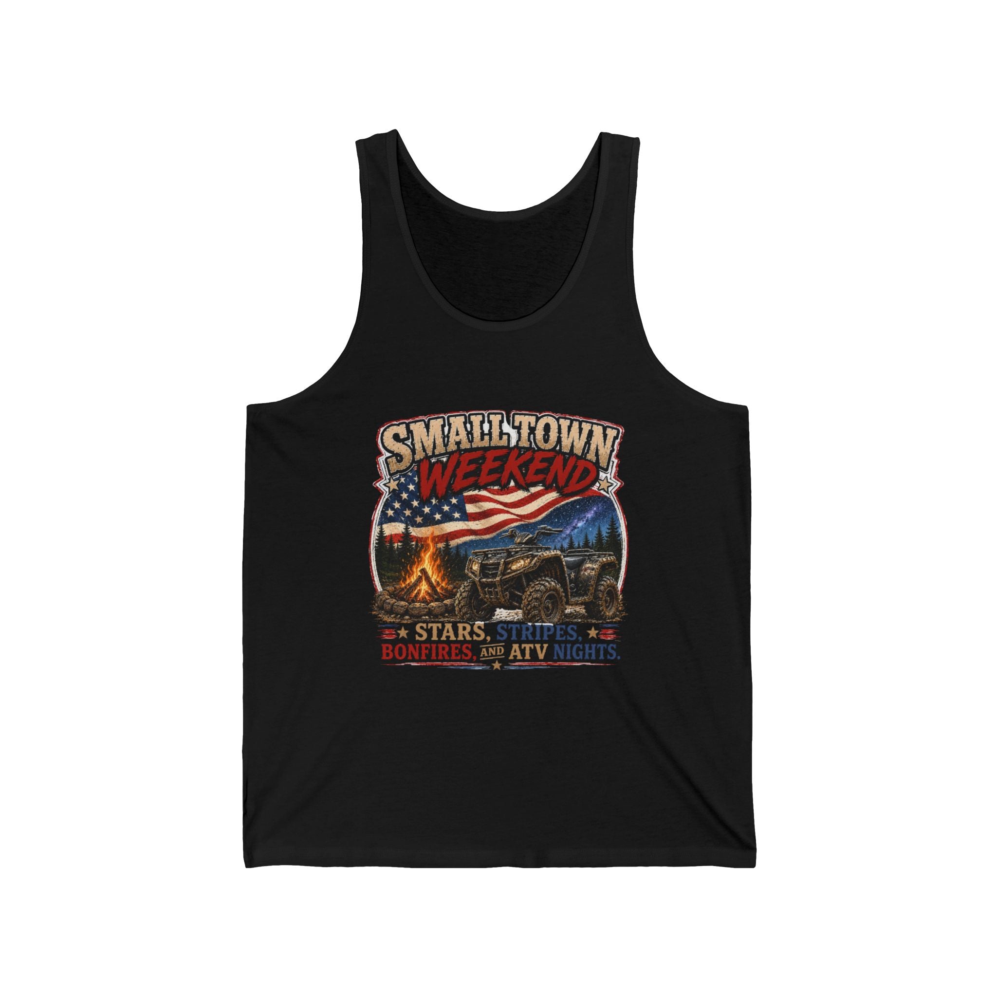 Stars, Stripes, Bonfires & ATV Nights Graphic Tank — Smalltown Weekend Tank Top