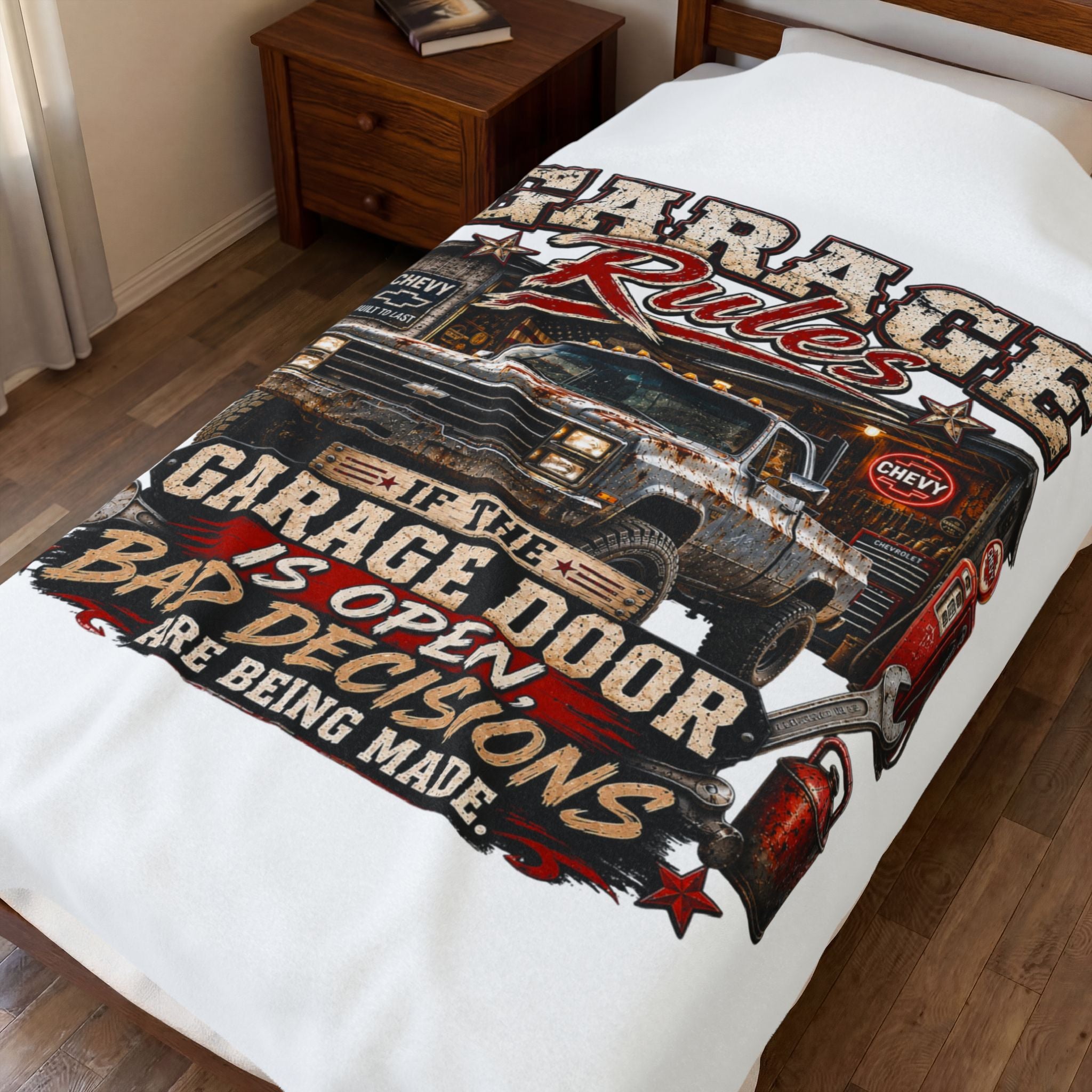 Garage Rules Velveteen Plush Blanket – “If the Garage Door Is Open, Bad Decisions Are Being Made” Vintage Truck Design