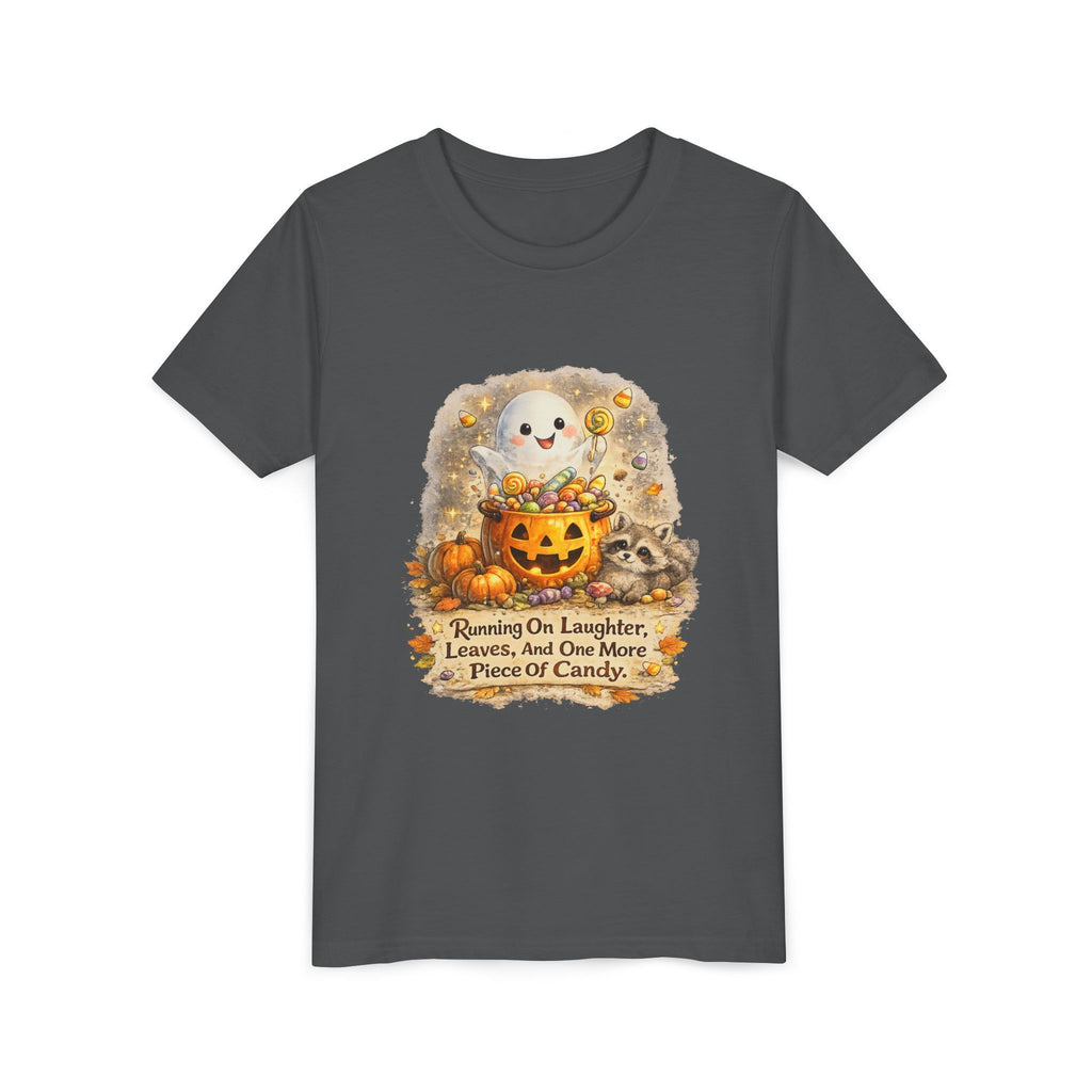 Cute Ghost, Pumpkin Candy & 'Running On Laughter, Leaves, And One More Piece Of Candy' — Youth Halloween Tee