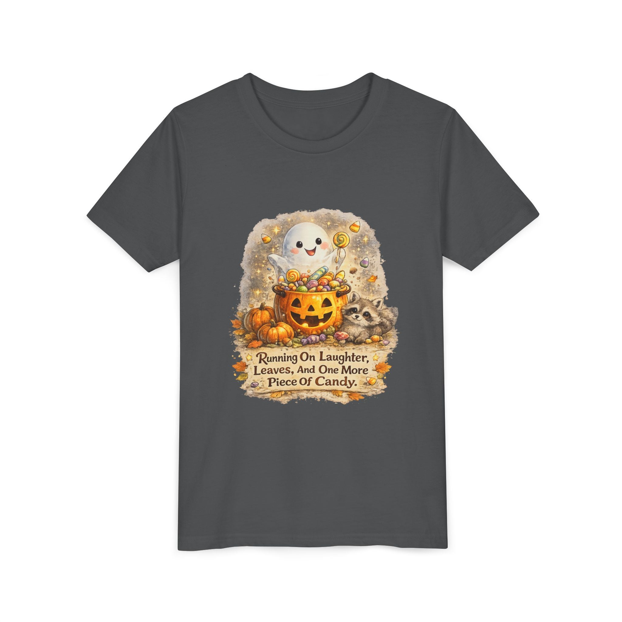 Cute Ghost, Pumpkin Candy & 'Running On Laughter, Leaves, And One More Piece Of Candy' — Youth Halloween Tee