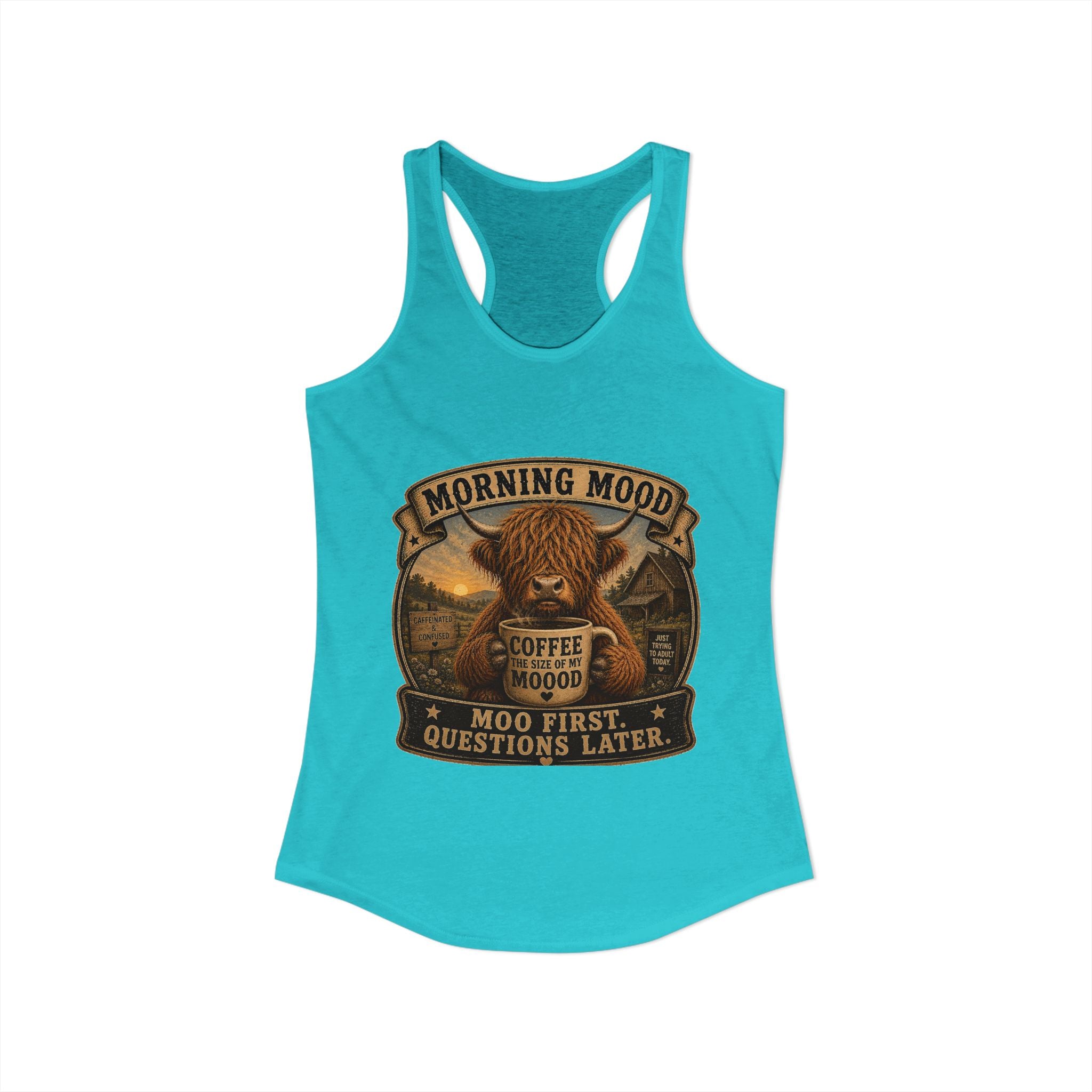 Morning Mood Highland Cow Women's Ideal Racerback Tank
