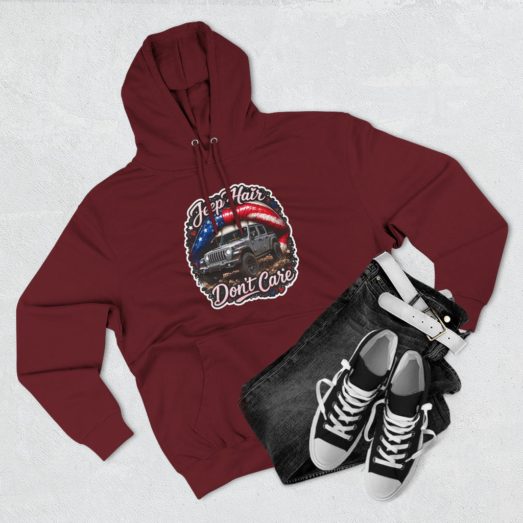 "Jeep Hair Don't Care" Graphic Fleece Pullover - Patriotic Jeep Hoodie