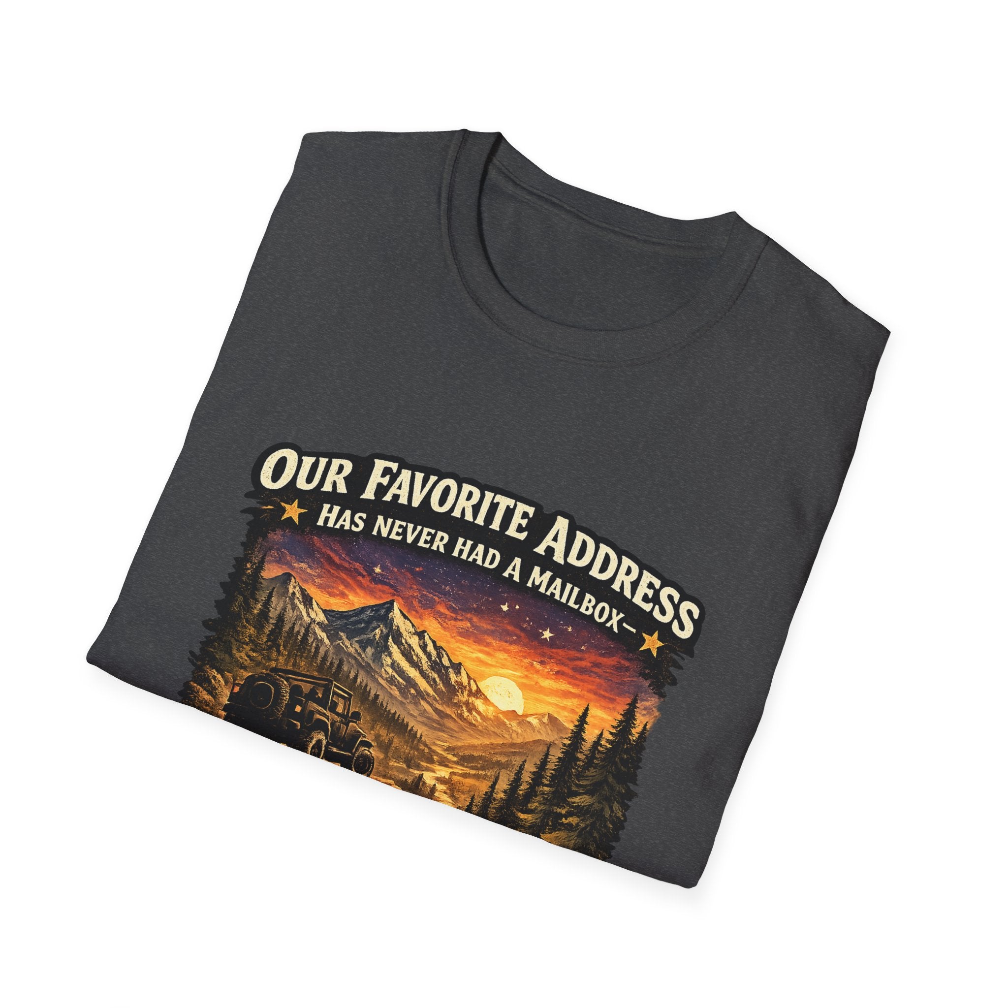 "Our Favorite Address Has Never Had a Mailbox" Scenic Mountain Camping Tee — T-Shirt