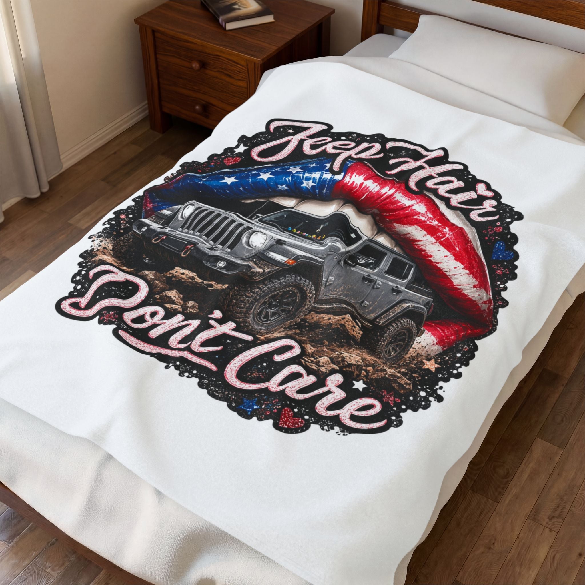 "Jeep Hair Don't Care" American Flag Lips Off‑Road Jeep Throw – Velveteen Plush Blanket