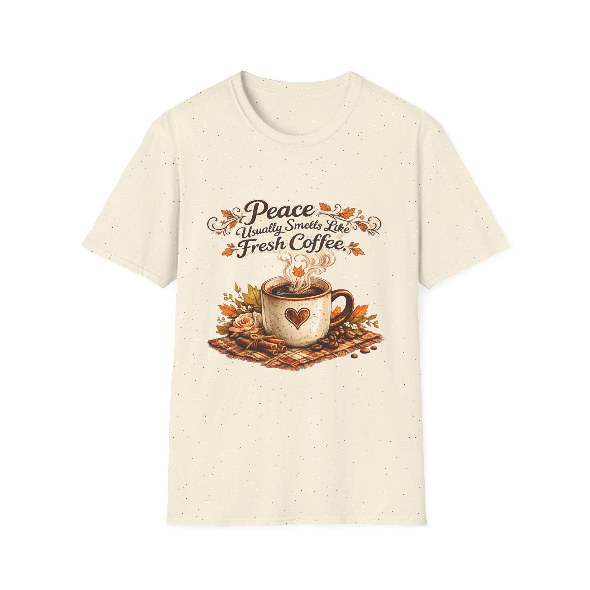 "Peace Usually Smells Like Fresh Coffee" Cozy Graphic Tee — Coffee T-Shirt