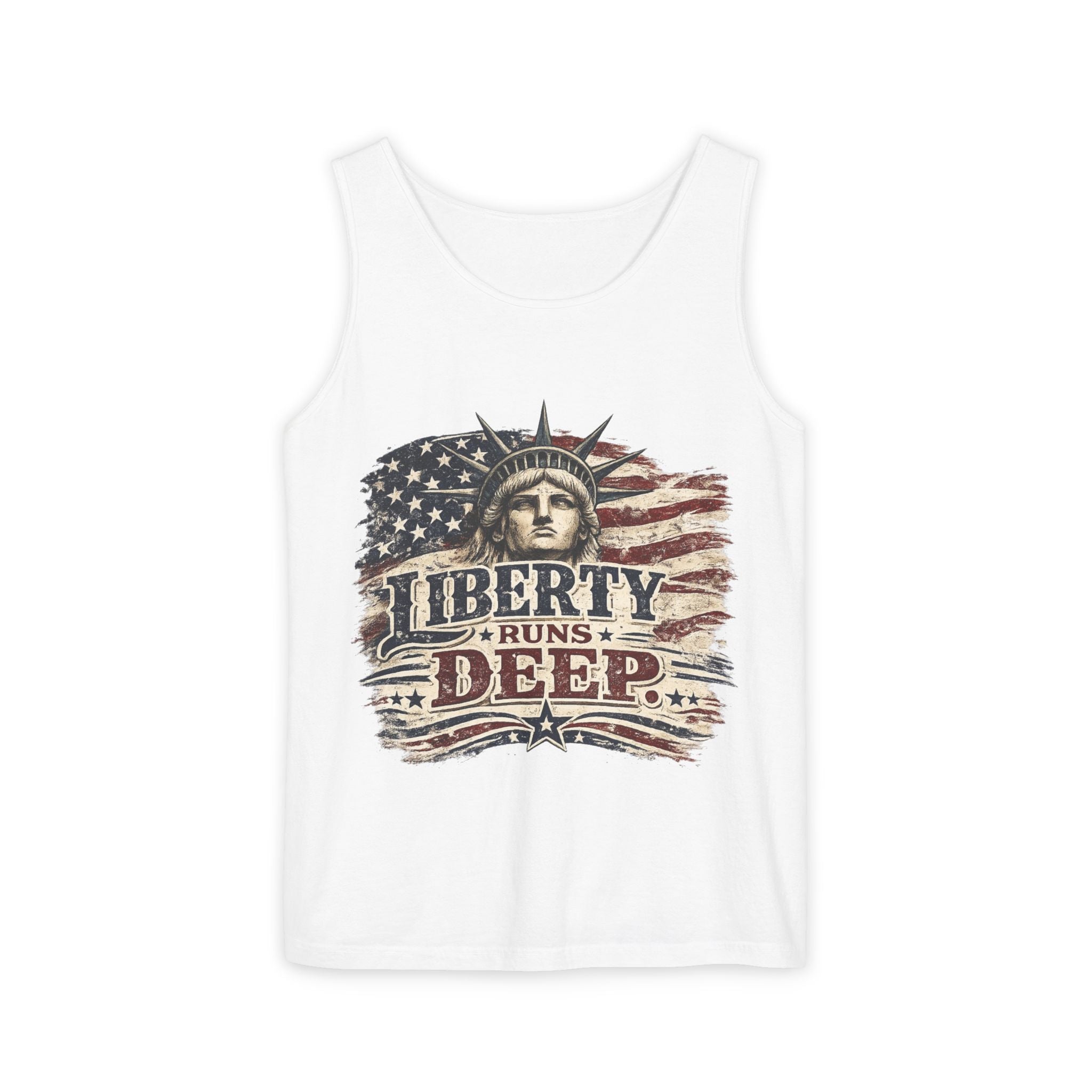 Liberty Runs Deep Tank Top — American Flag & Statue of Liberty Patriotic Shirt for 4th of July