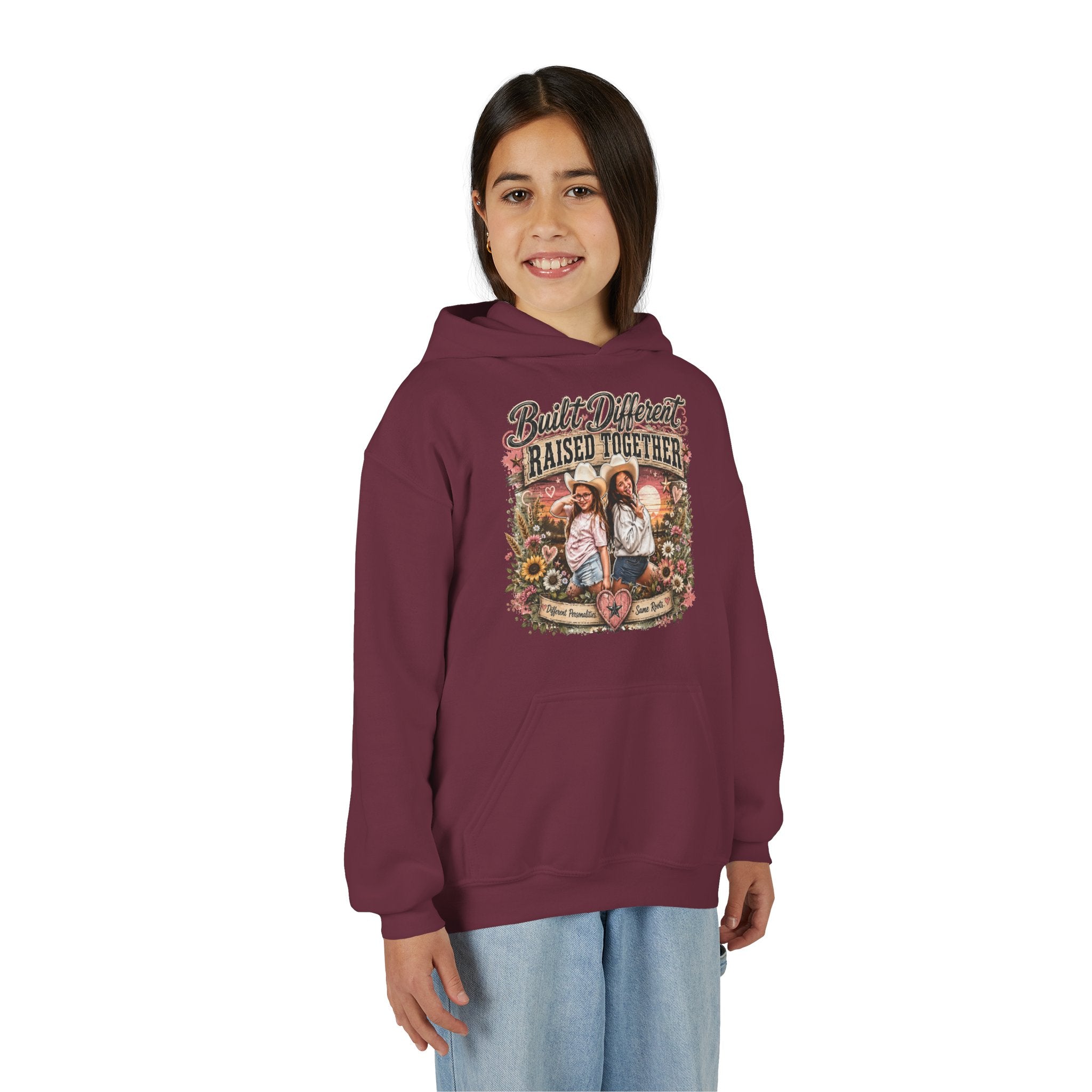 Youth Hoodie — “Built Different, Raised Together” Vintage Farm Kids Pullover