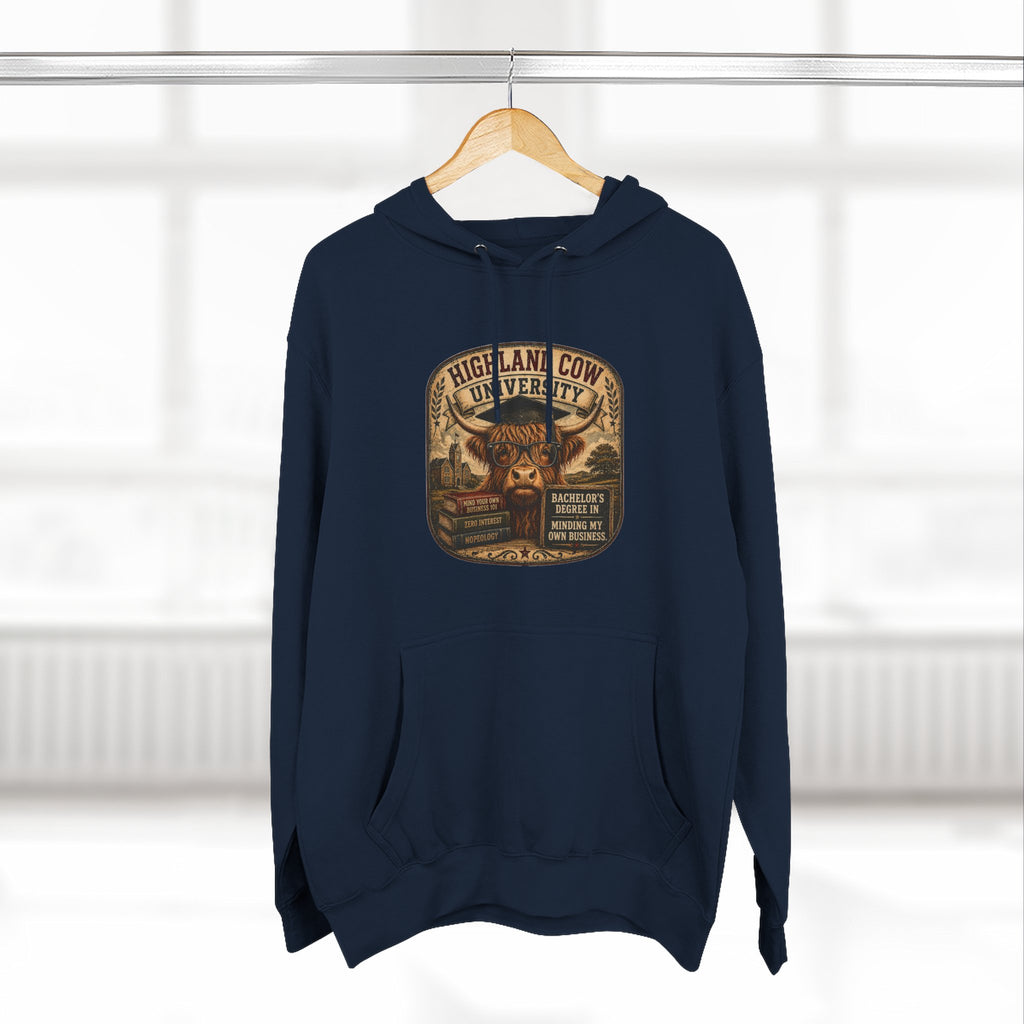 Highland Cow University Three-Panel Fleece Hoodie