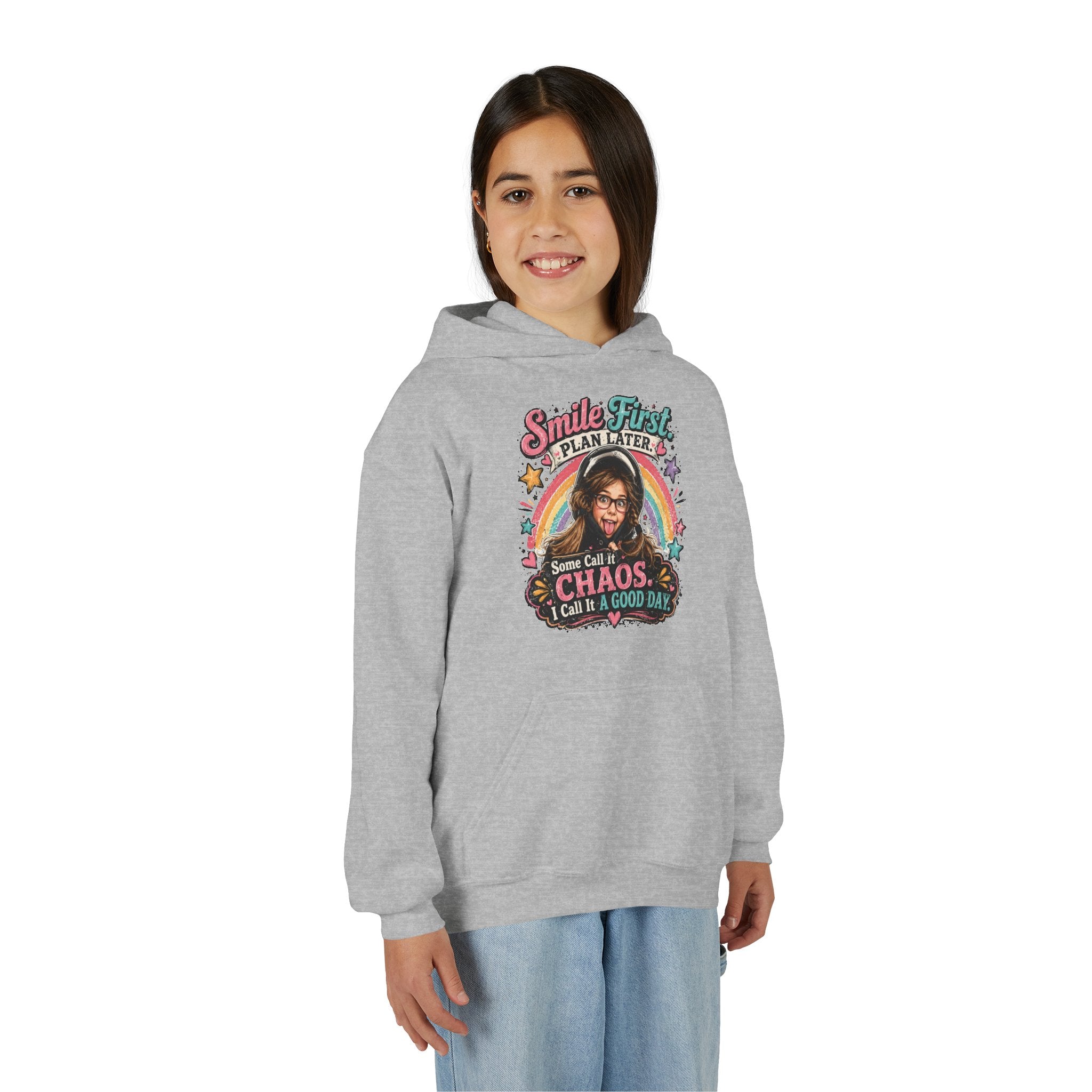 “Smile First, Plan Later” Retro Rainbow Chaos Graphic — Youth Hoodie