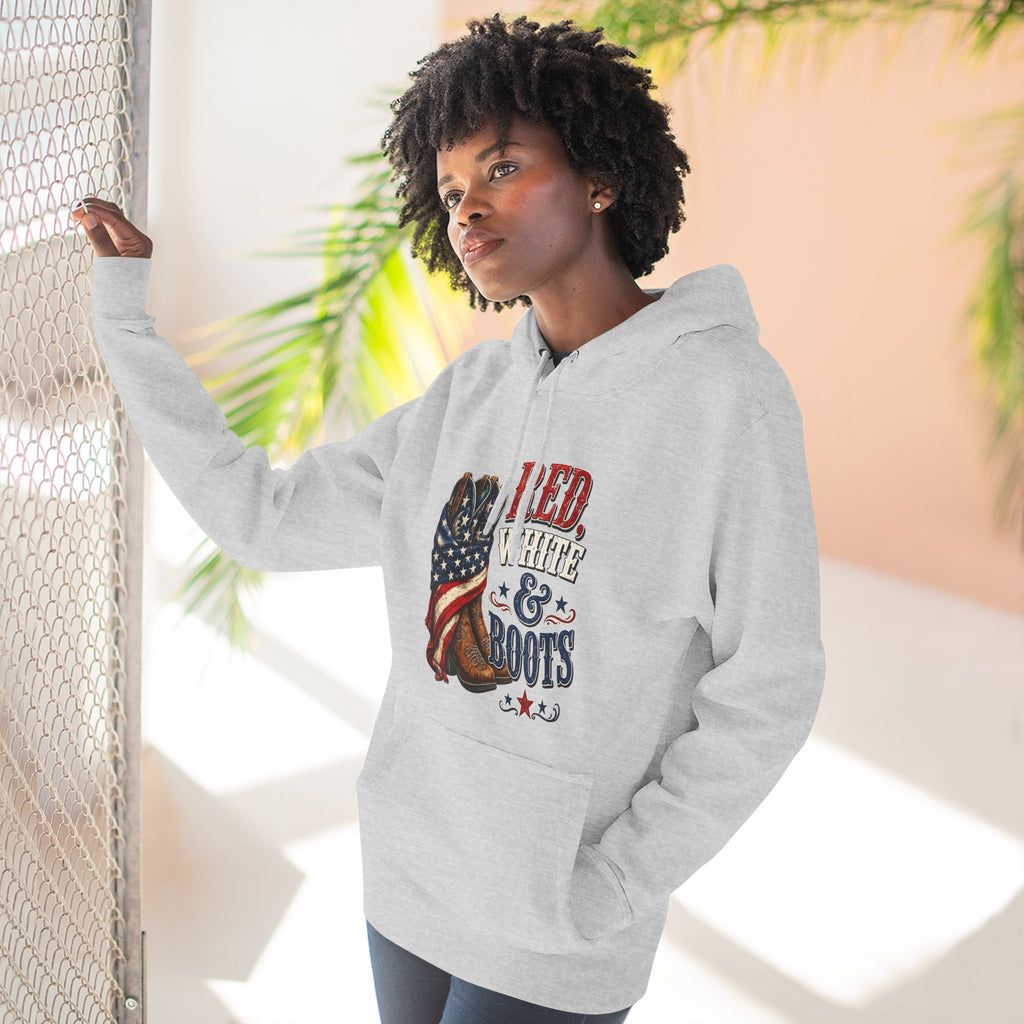Patriotic 'Red White & Boots' Hoodie — American Flag Cowboy Boots Pullover
