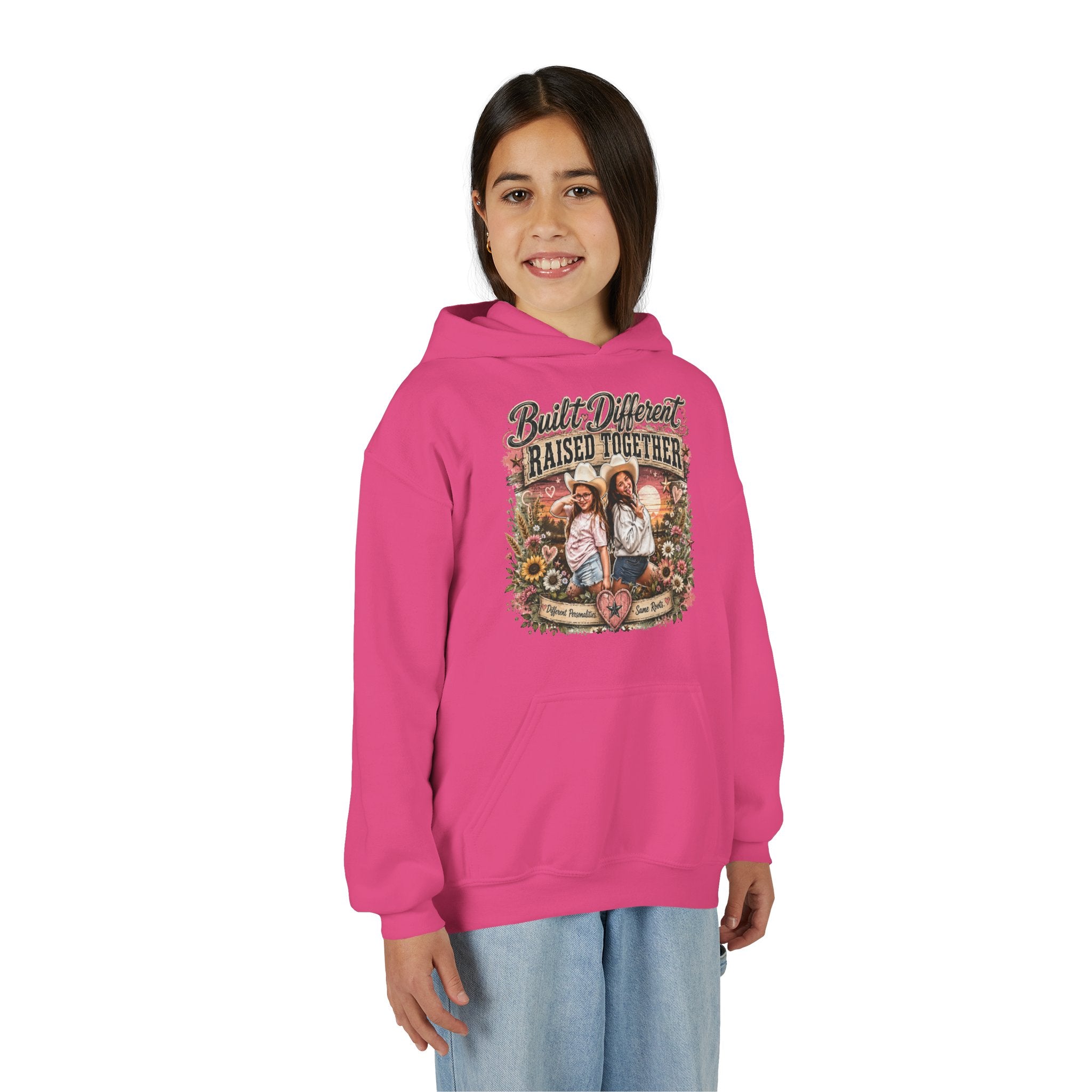 Youth Hoodie — “Built Different, Raised Together” Vintage Farm Kids Pullover