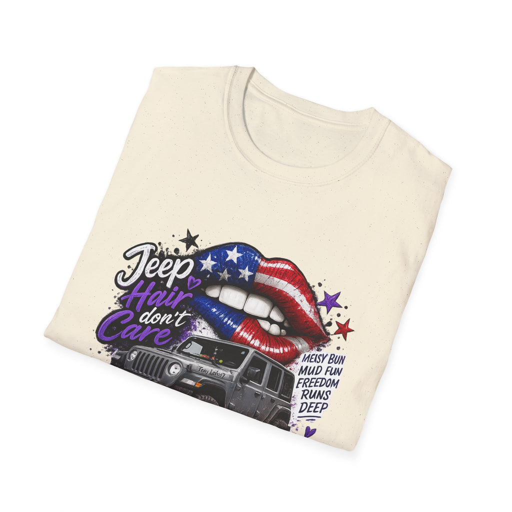 Jeep Hair Don't Care T-Shirt — American Flag Lips Off-Road Truck Tee