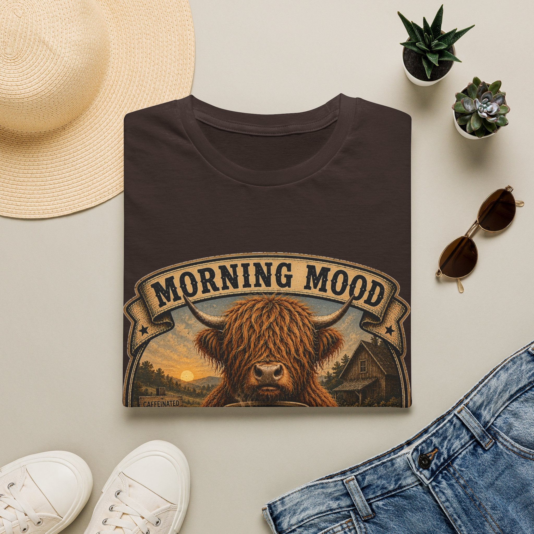 Morning Mood Moo First Questions Later Highland Cow Unisex Softstyle T-Shirt
