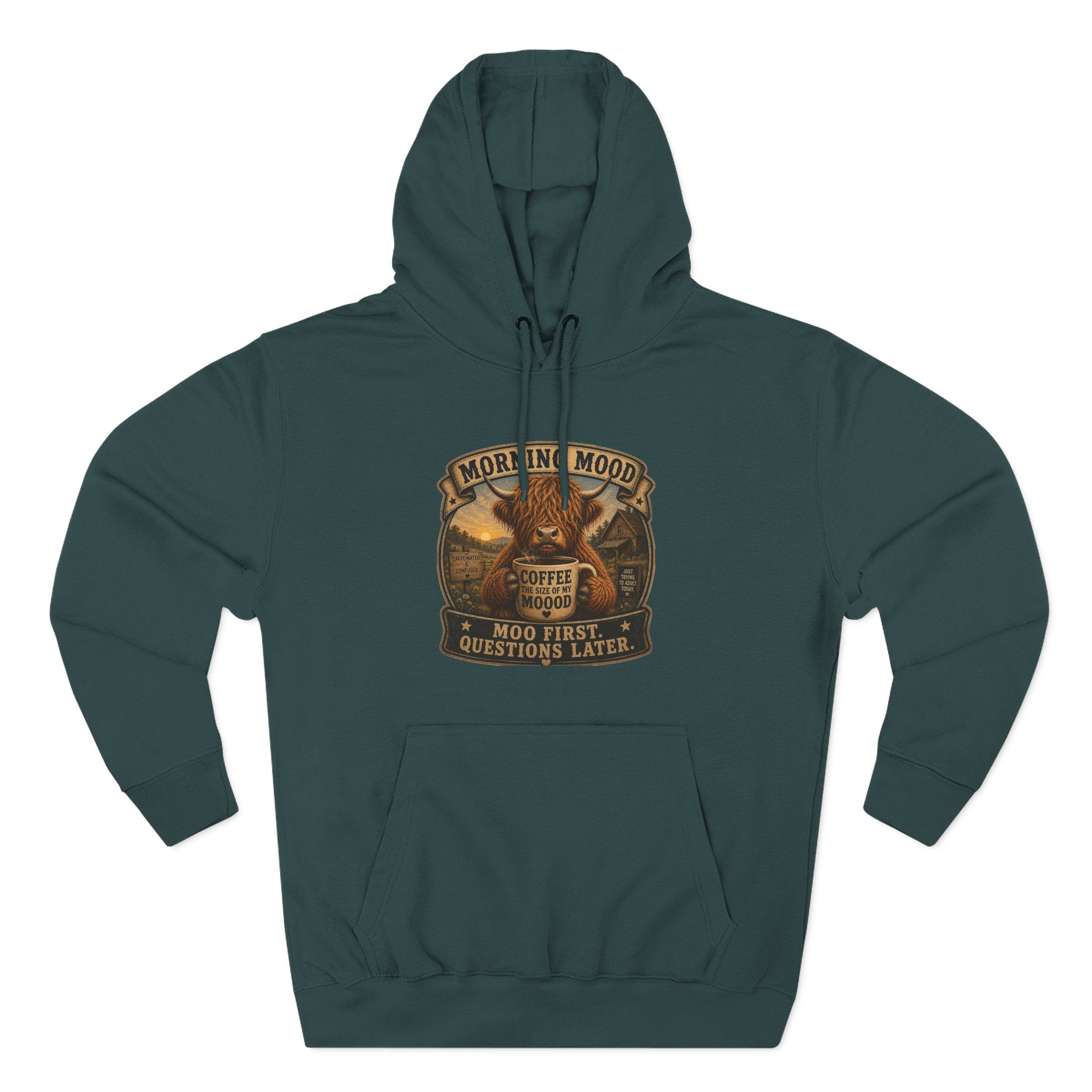Morning Mood Moo First Questions Later Highland Cow Three-Panel Fleece Hoodie