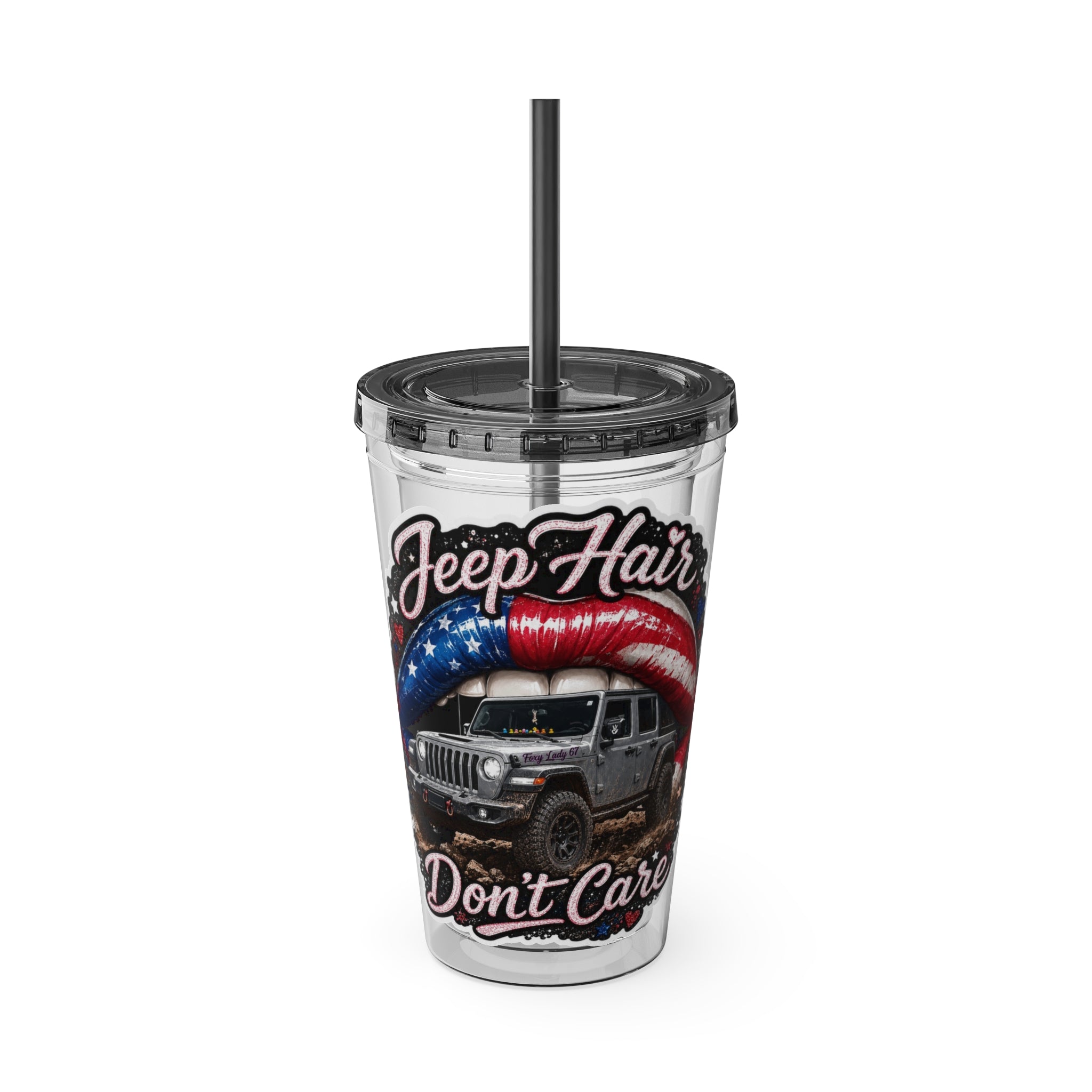 Jeep Hair Don't Care 16oz Tumbler with Straw — Patriotic Off-Road Truck Design