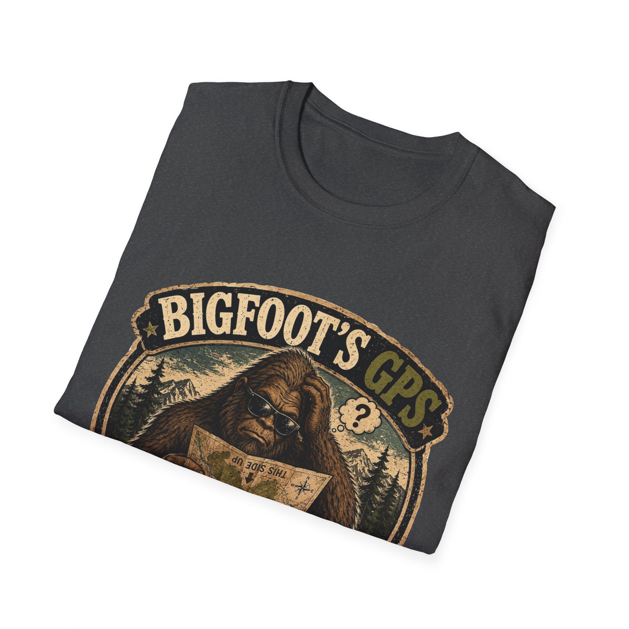 Bigfoot’s GPS T-Shirt — "Recalculating... Again" Retro Sasquatch Graphic Tee
