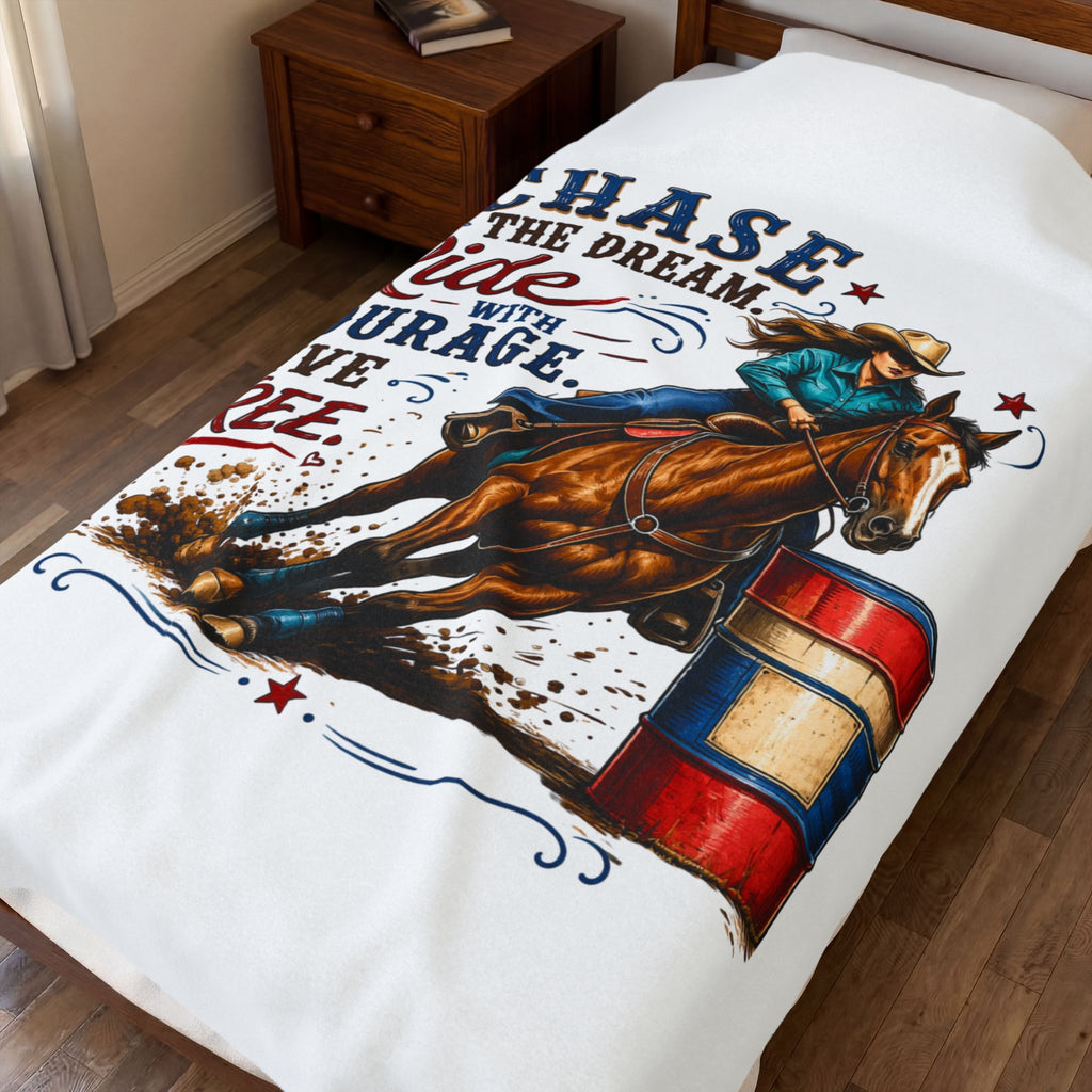 “Chase the Dream, Ride with Courage, Live Free” Barrel Racing Horse Throw — Velveteen Blanket