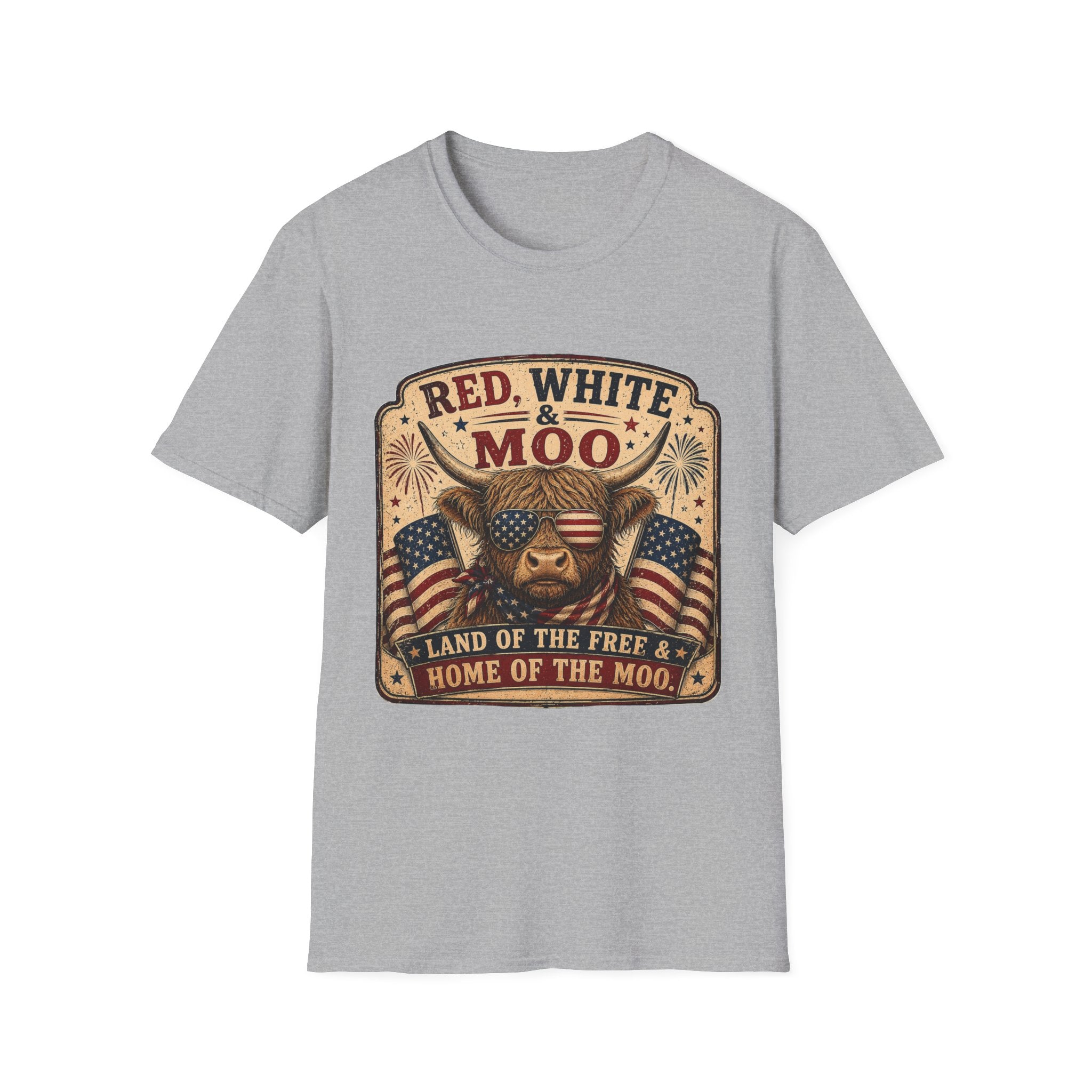 Red, White, & Moo Highland Cow Unisex Softstyle T-Shirt