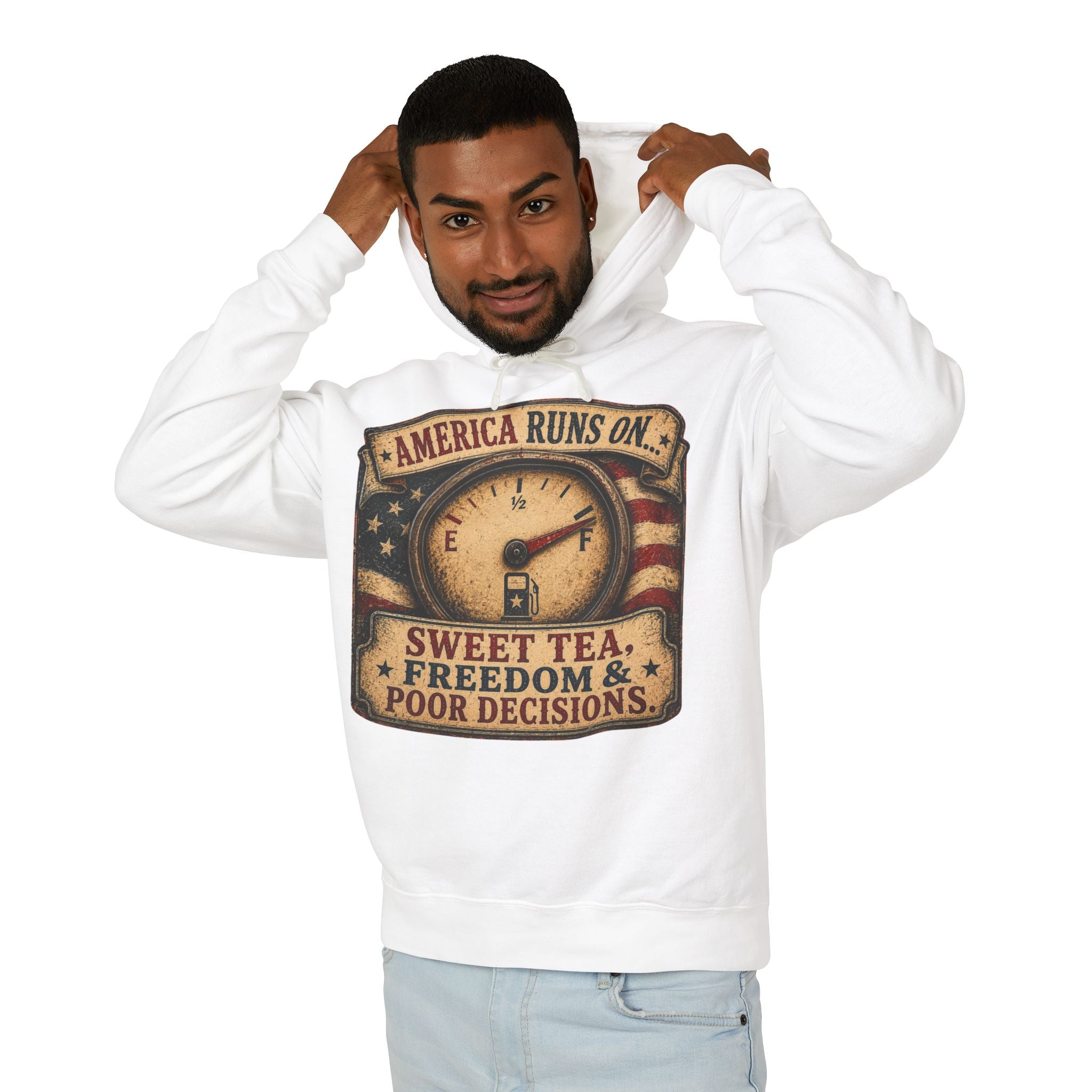 America Runs On Sweet Tea Hoodie — 'Sweet Tea, Freedom & Poor Decisions' Patriotic Pullover