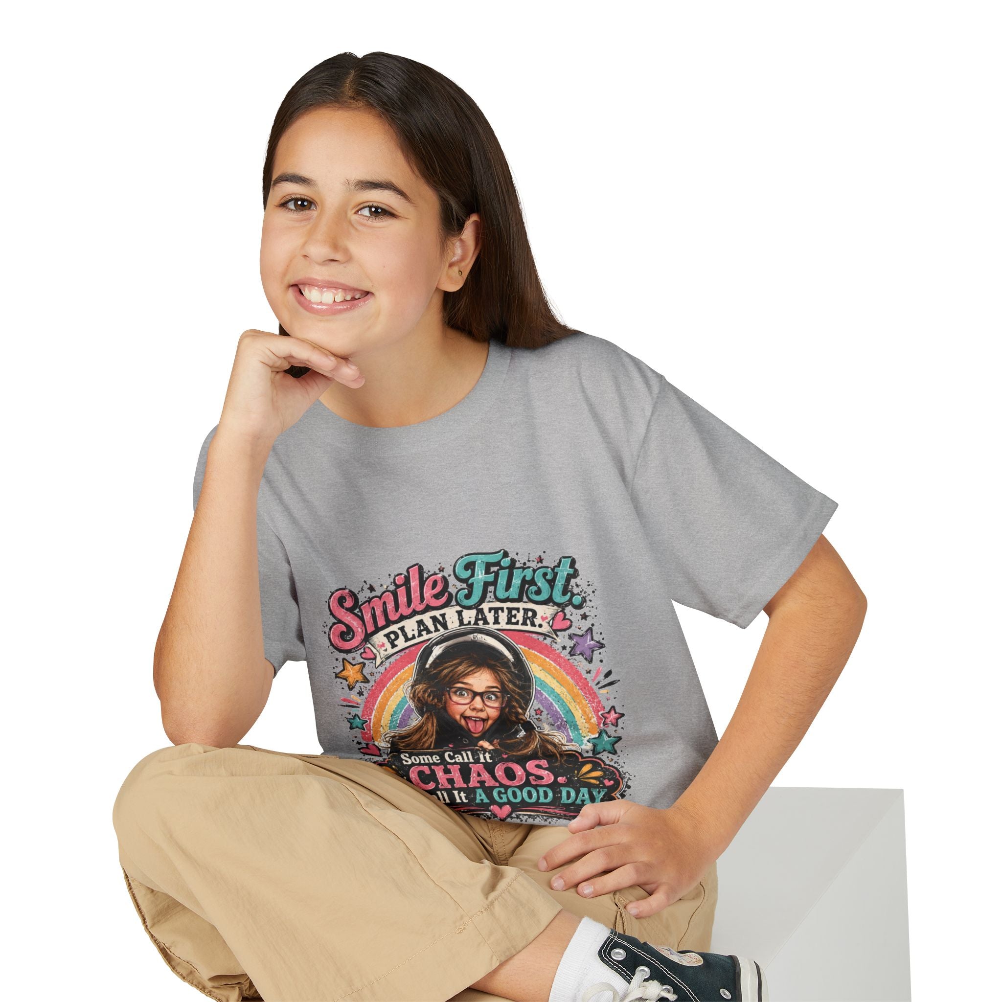 "Smile First, Plan Later" Funny Chaos Rainbow Kids Tee — Youth T-Shirt