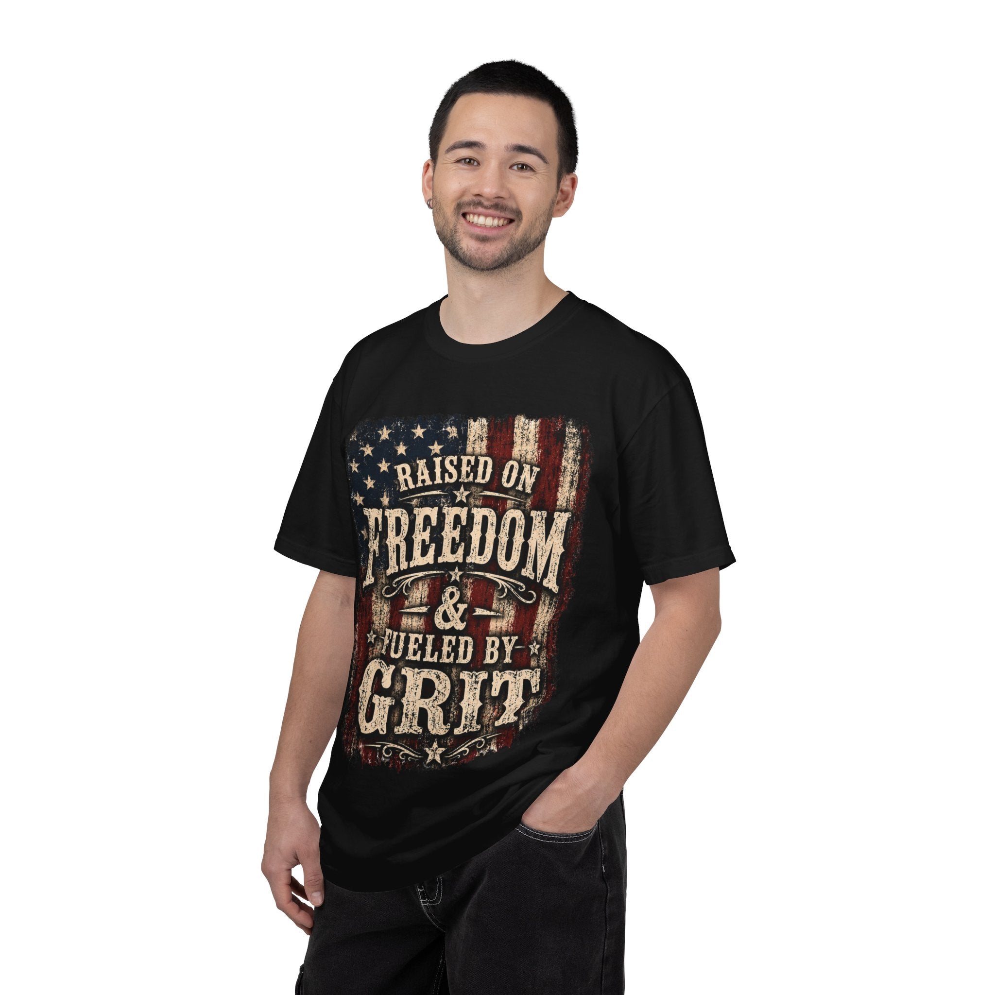 Raised on Freedom & Fueled by Grit T-Shirt — Patriotic Vintage American Flag Tee