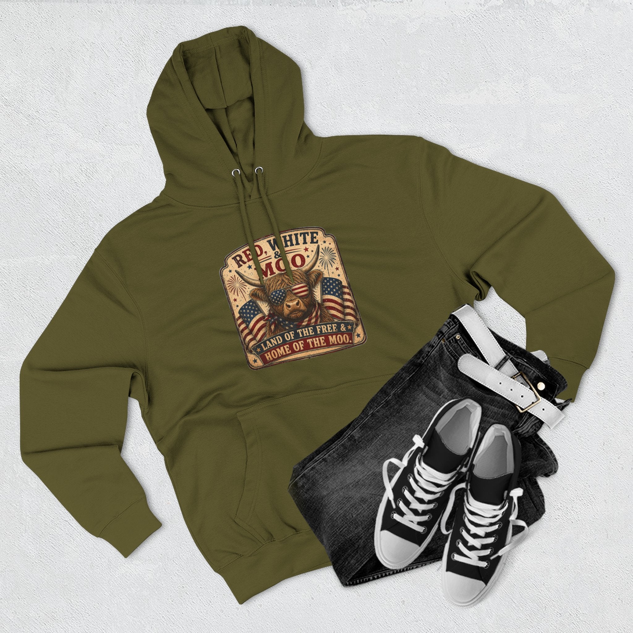 Red, White, & Moo Highland Cow Three-Panel Fleece Hoodie