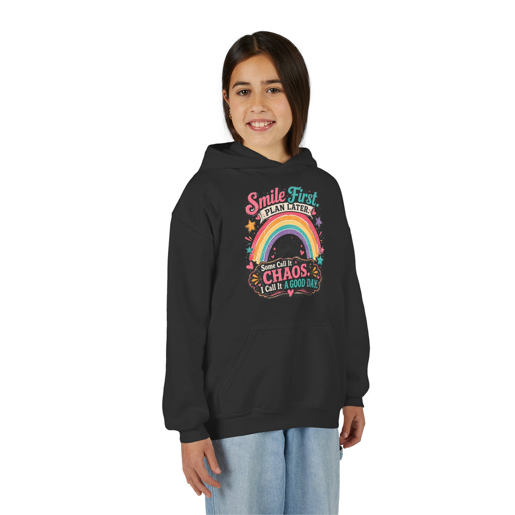 "Smile First, Plan Later" Rainbow Chaos Quote Pullover - Youth Hoodie -